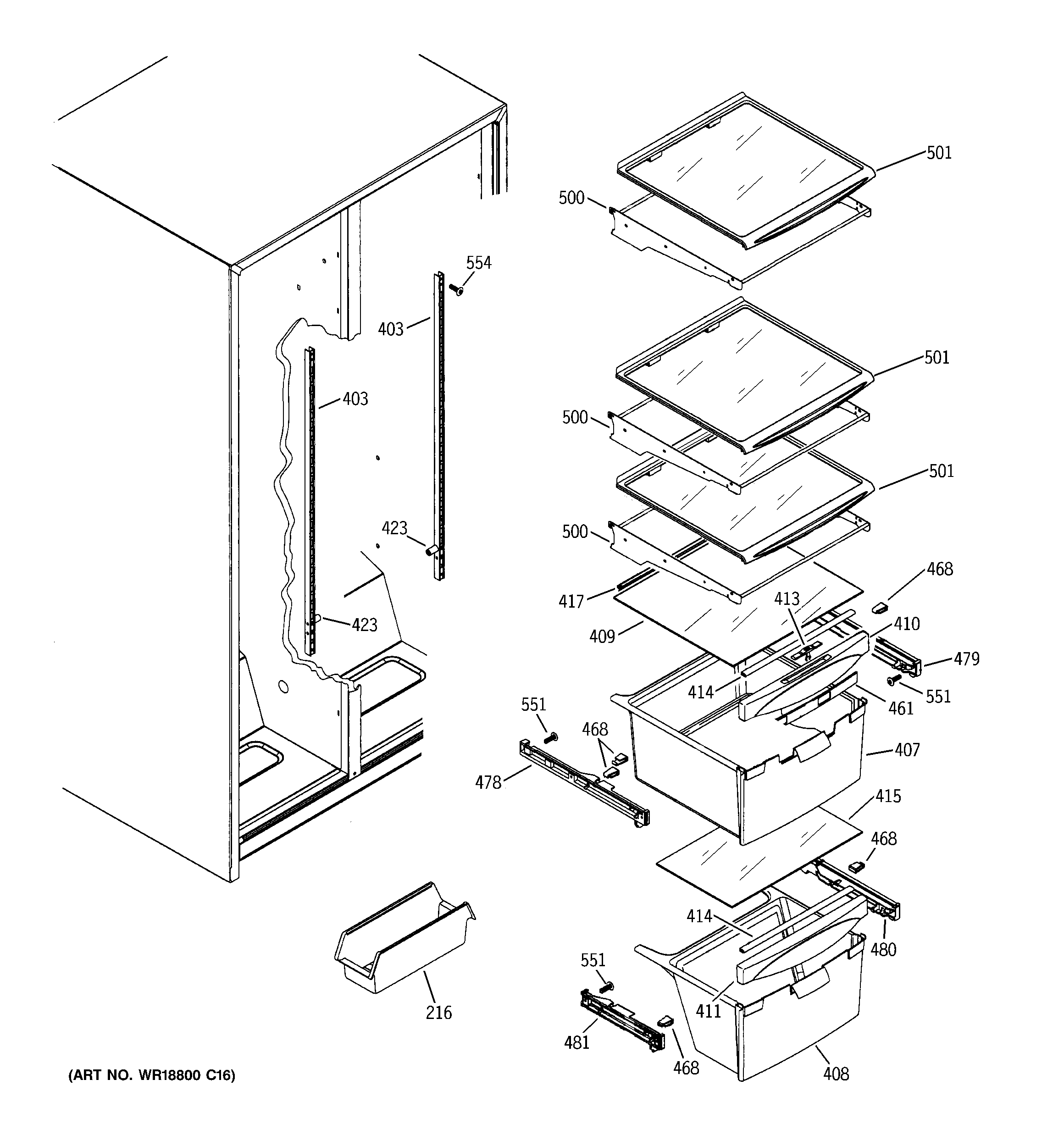 GE GSE25KETJFBB fresh food shelves diagram