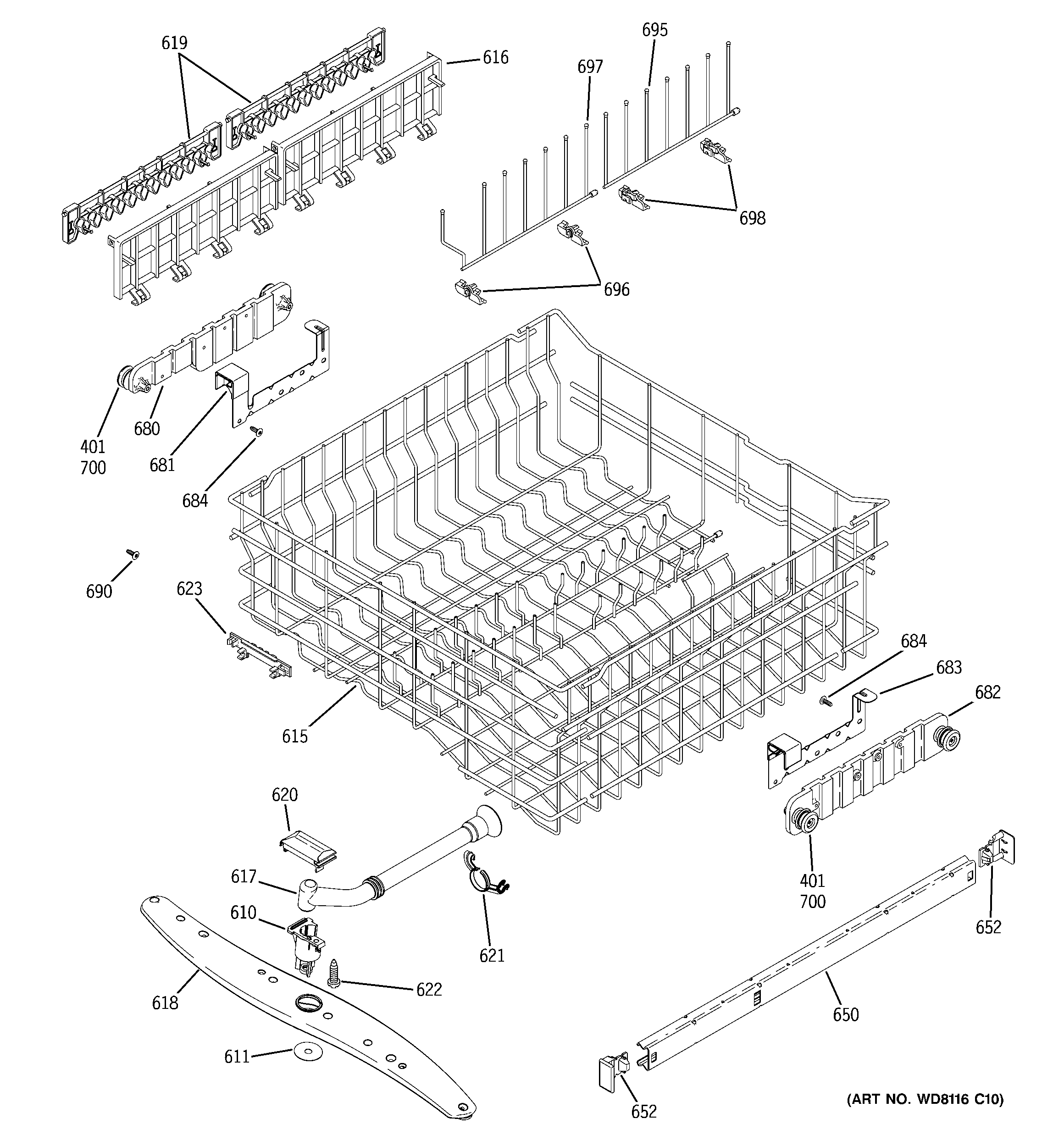 GE PDW7380N25SS upper rack assembly diagram