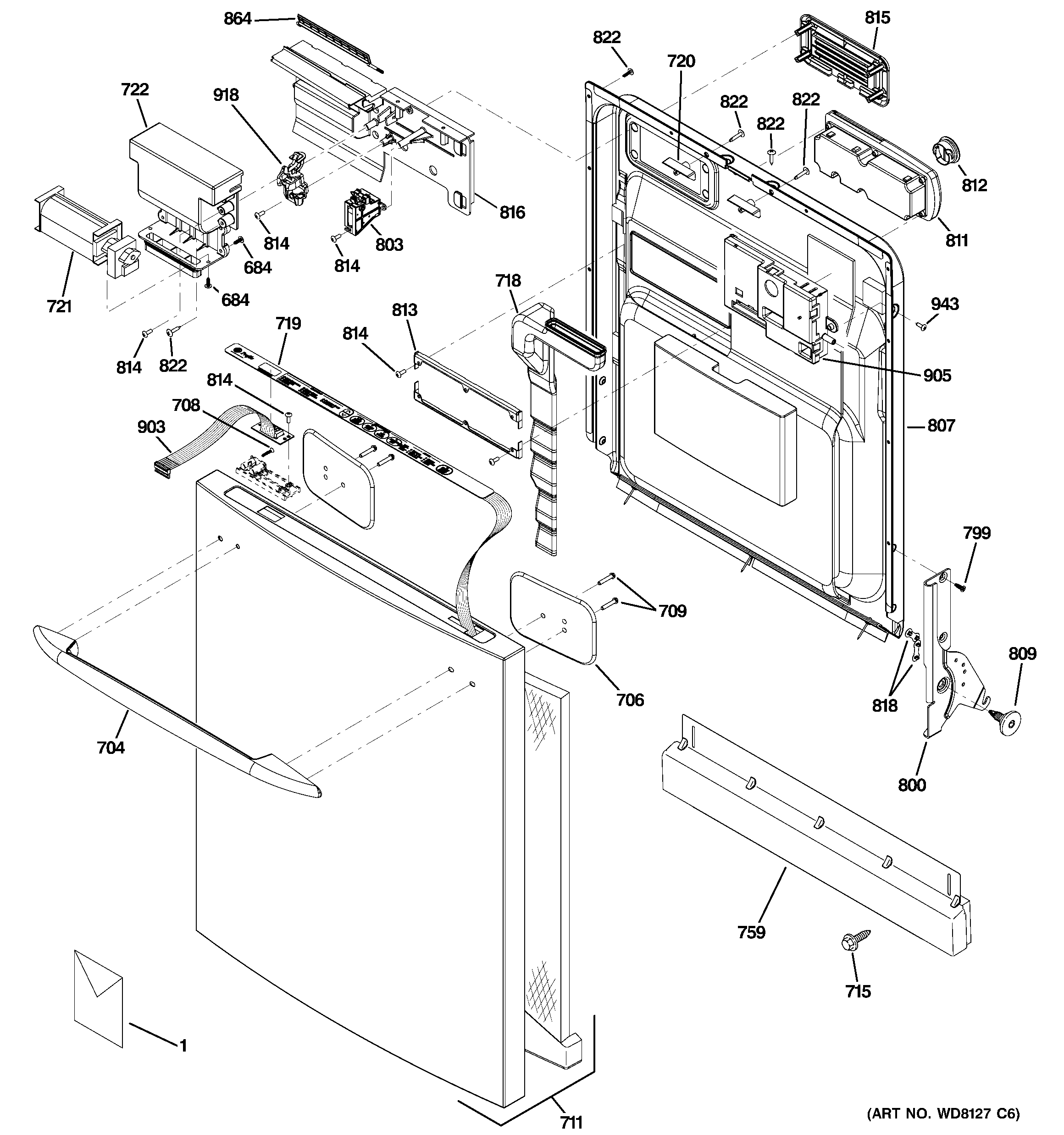 GE PDW9800N00BB escutcheon & door assembly diagram