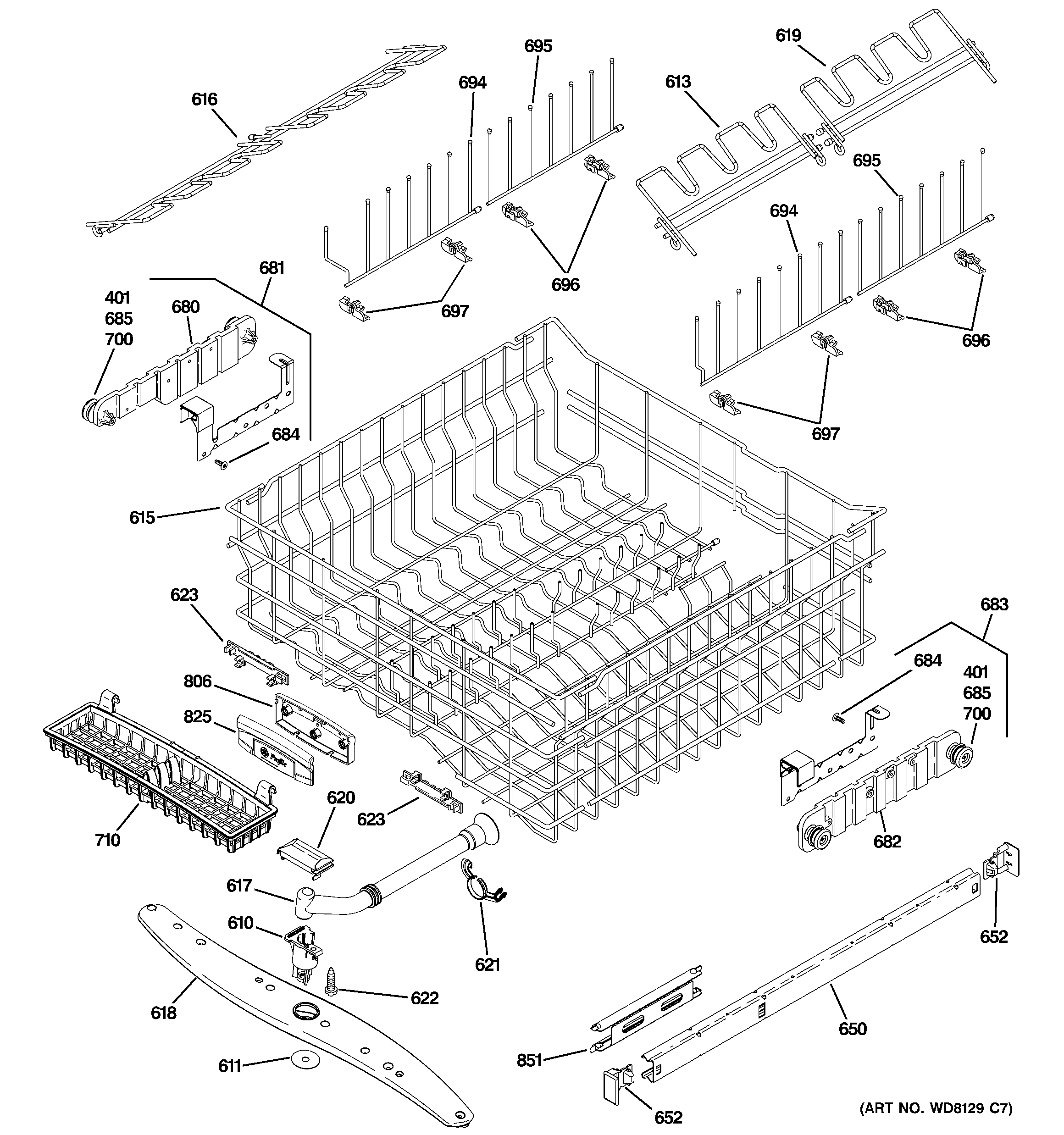 GE PDW9800N00BB upper rack assembly diagram