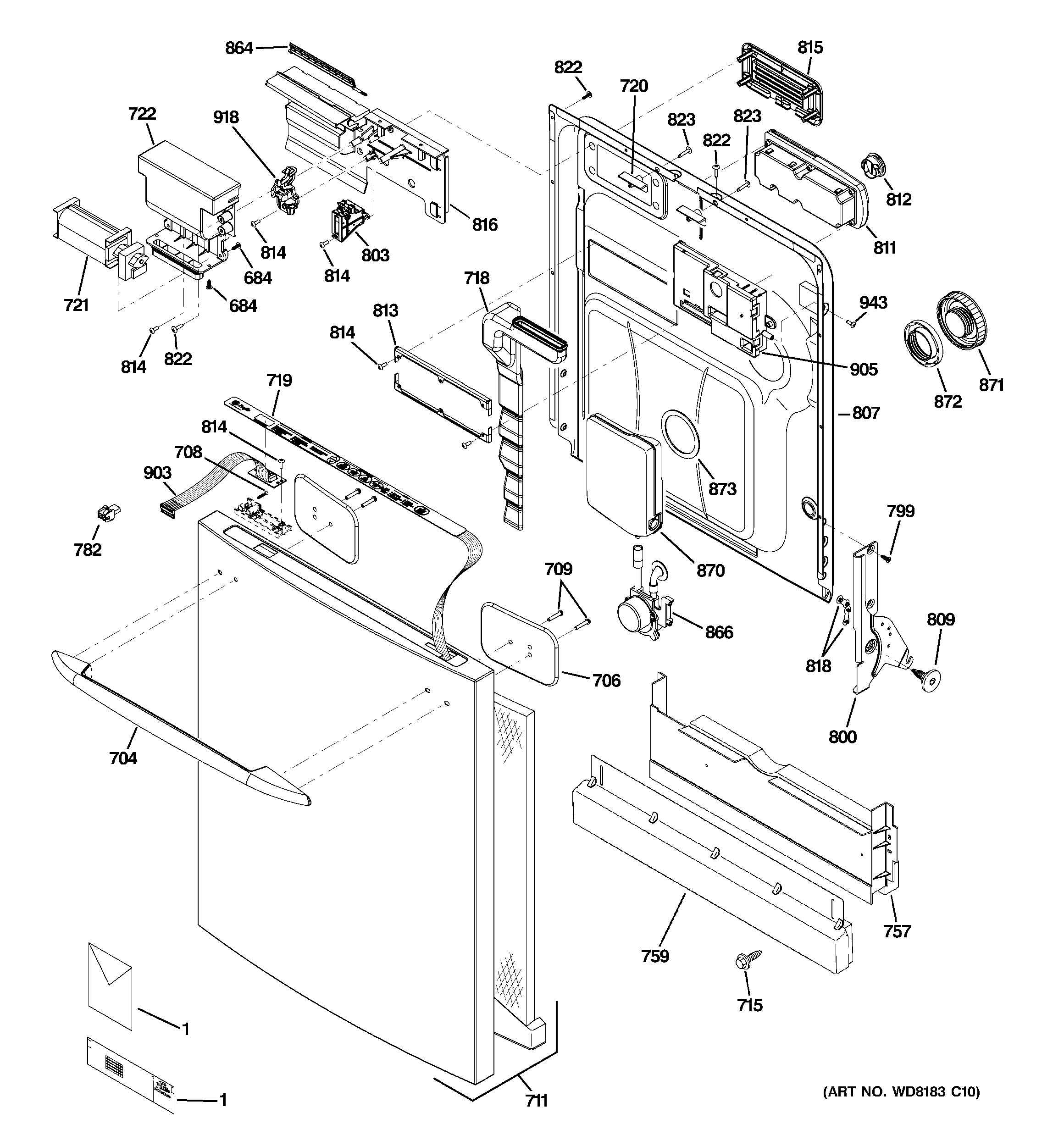 GE PDW9900N00BB escutcheon & door assembly diagram