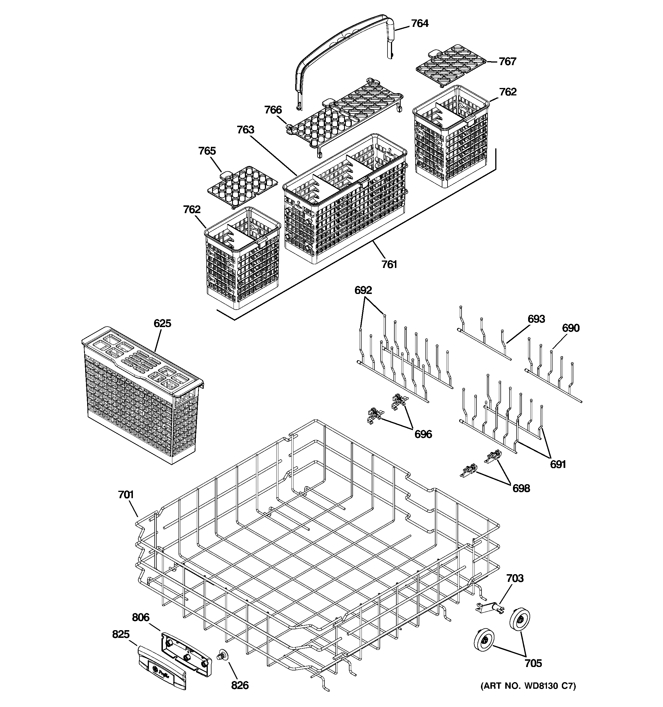 GE PDW9900N00BB lower rack assembly diagram