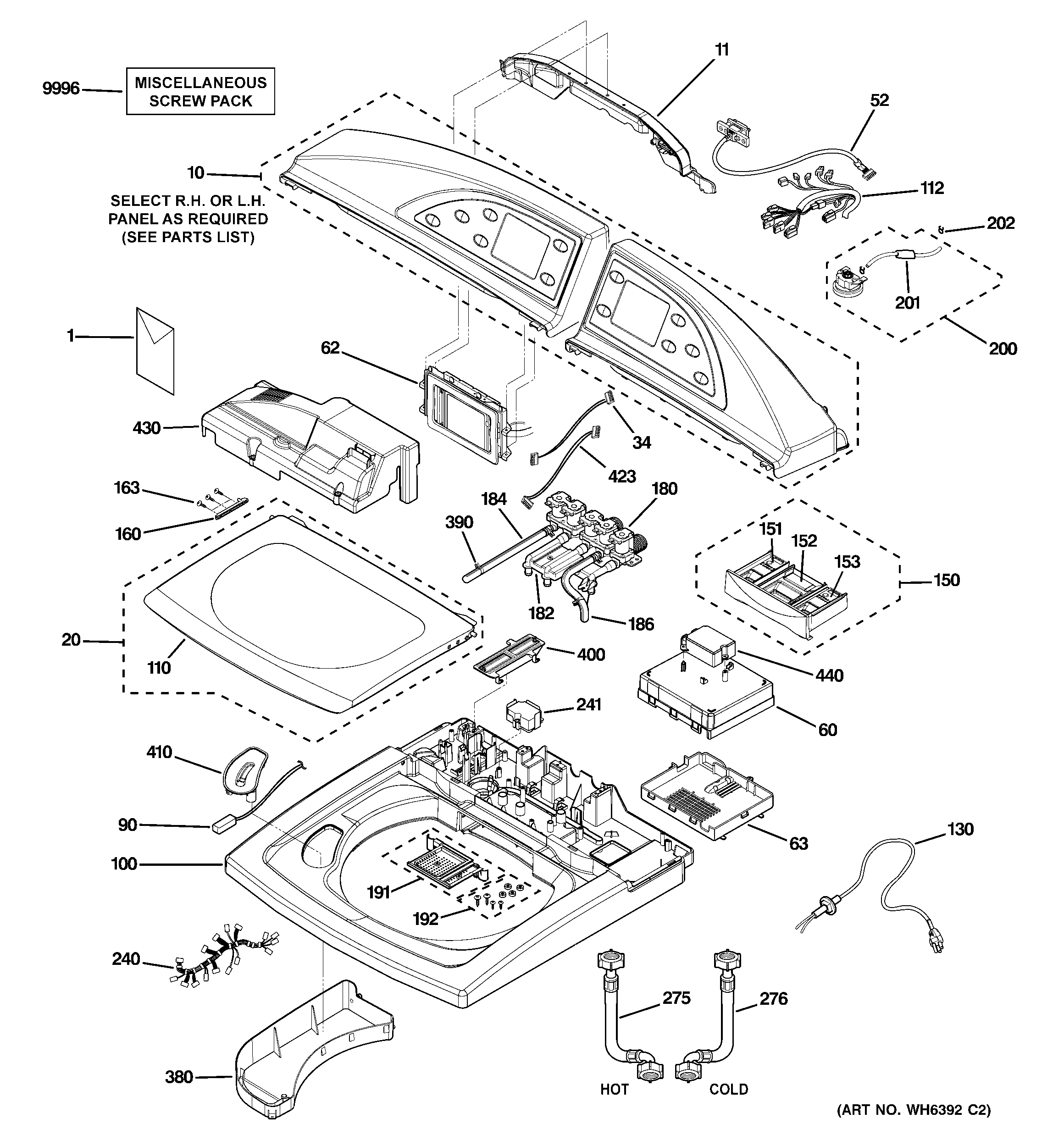 GE WPGT9360C0PL controls, backsplash & top panel diagram