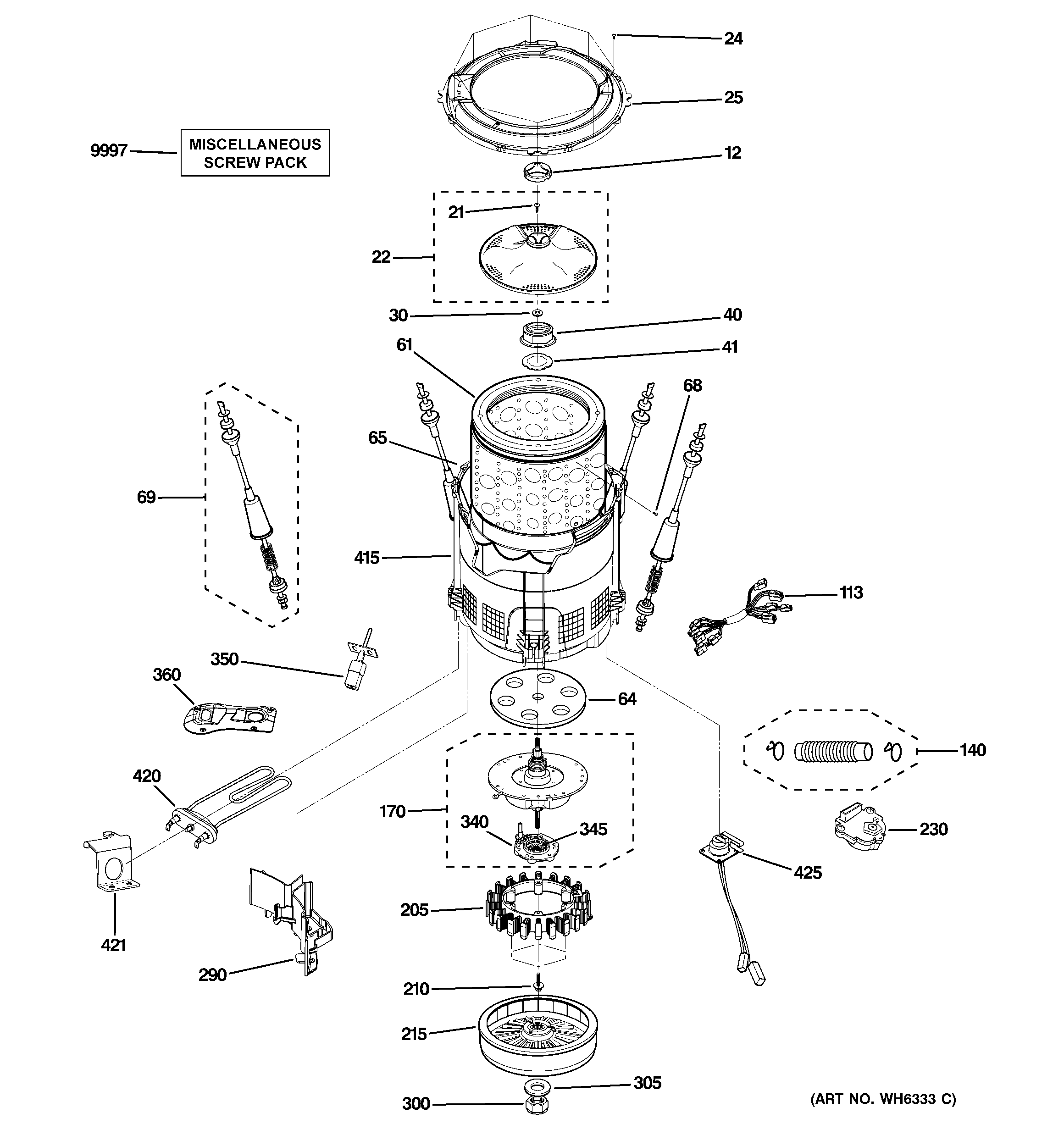 GE WPGT9360C0PL tub, suspension & drive components diagram