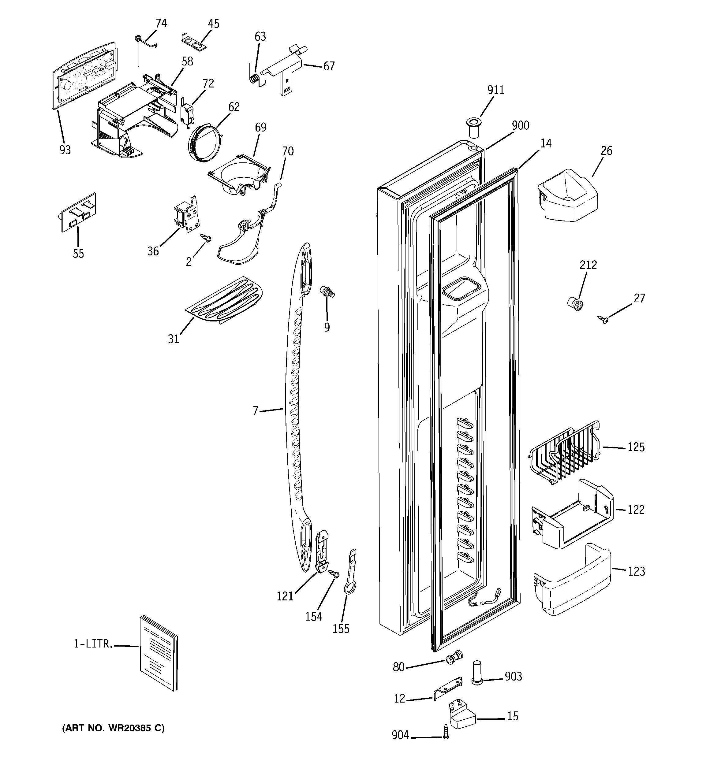GE PCF25MGWCBB freezer door diagram