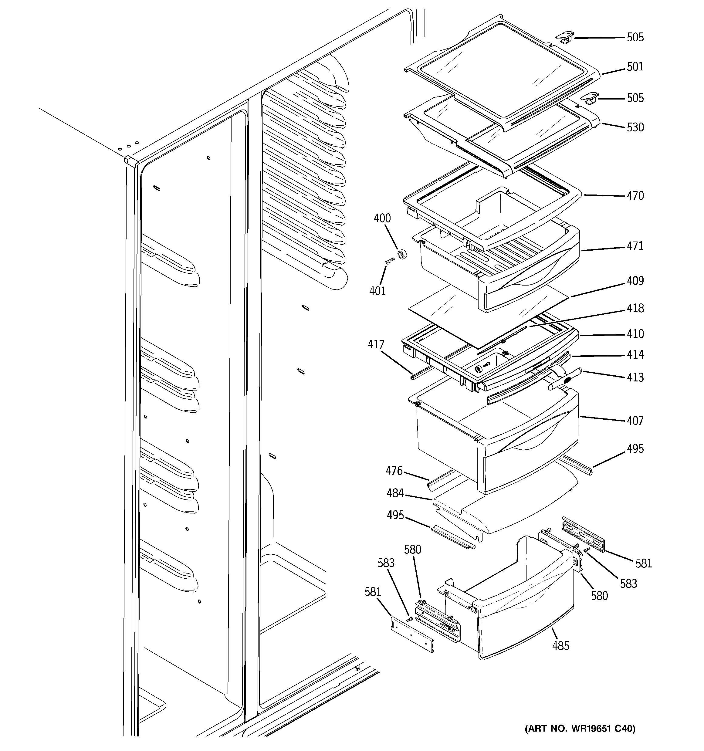 GE PSC25MGTBWW fresh food shelves diagram