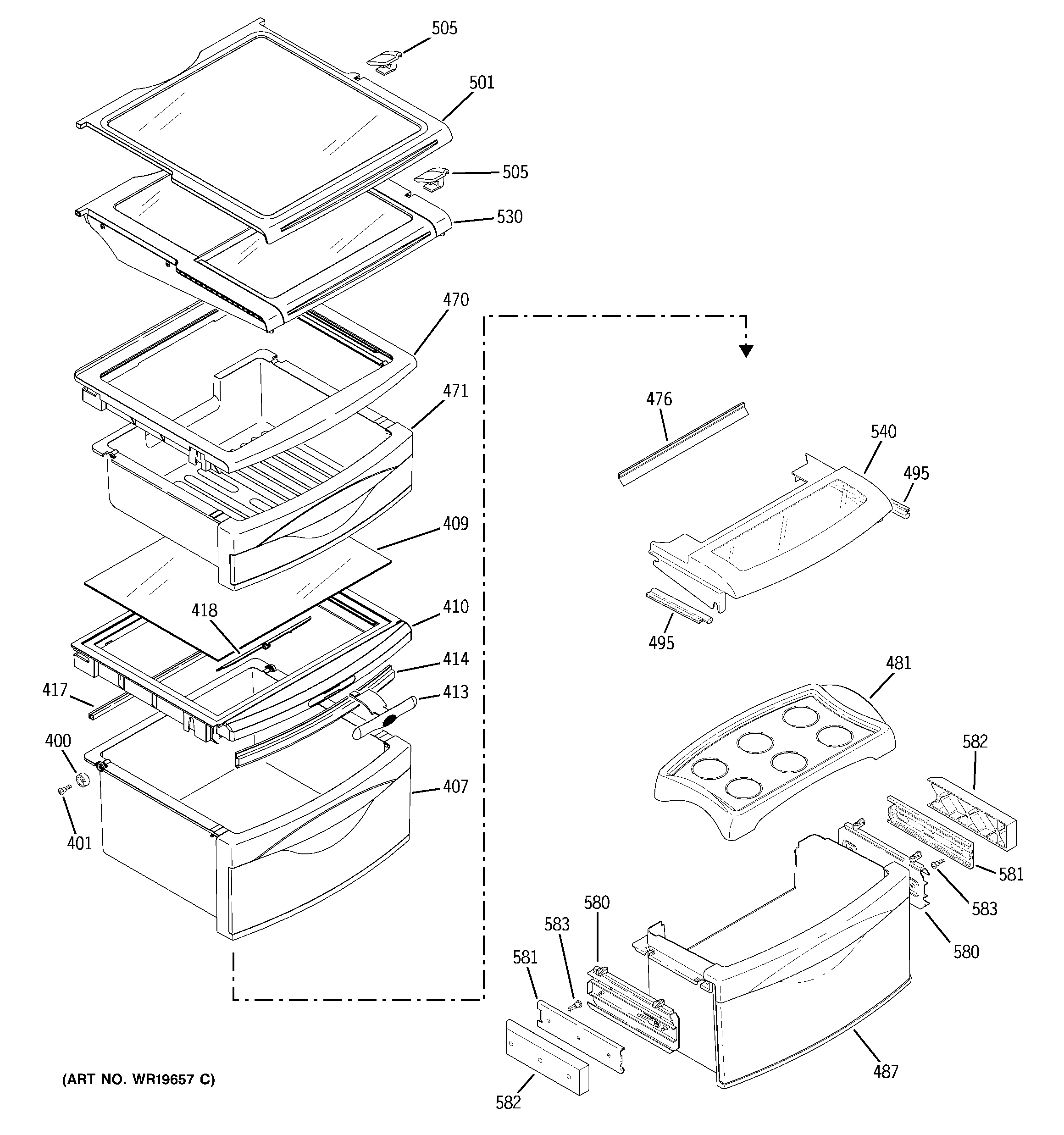 GE PSC25NSWASS fresh food shelves diagram