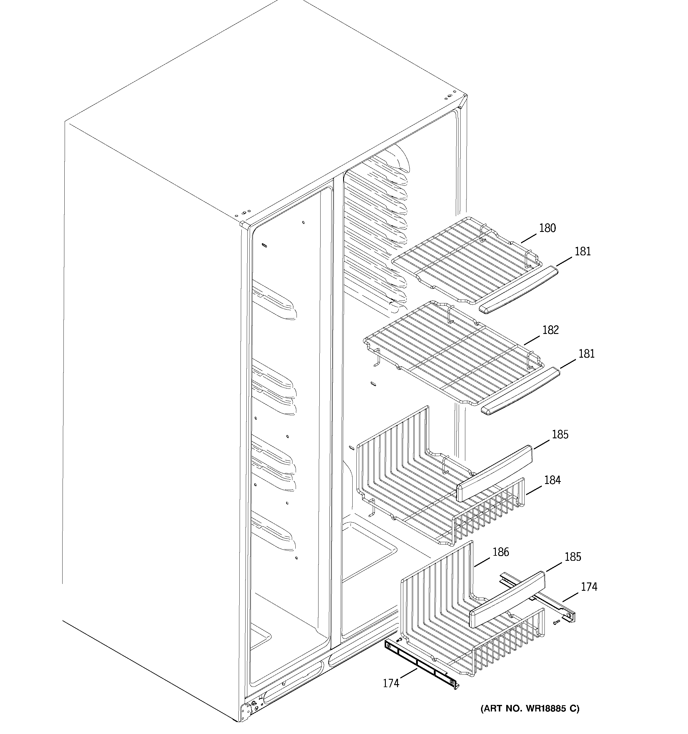 GE PSS23LGSABB freezer shelves diagram
