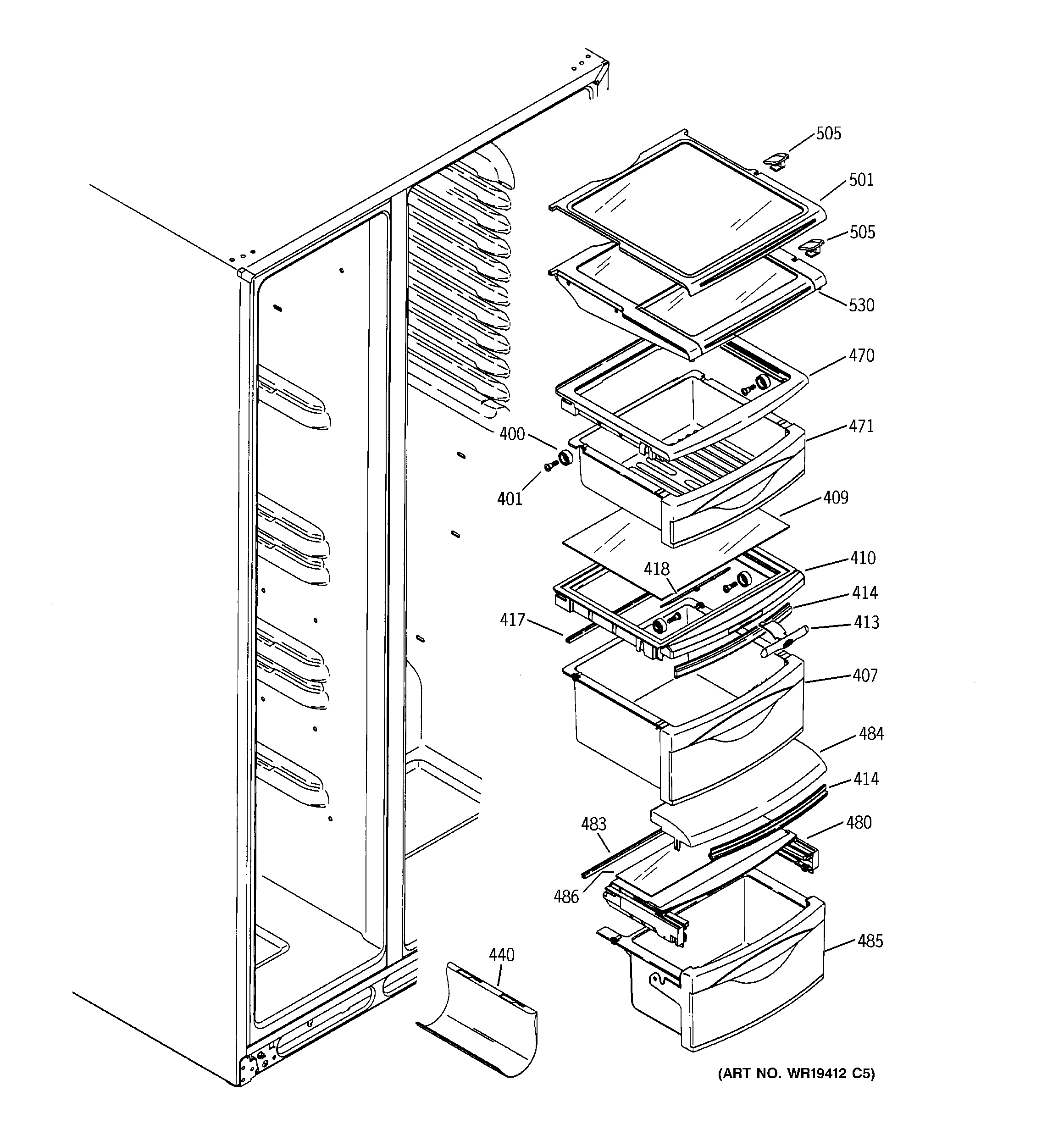 GE PSS23LGSABB fresh food shelves diagram
