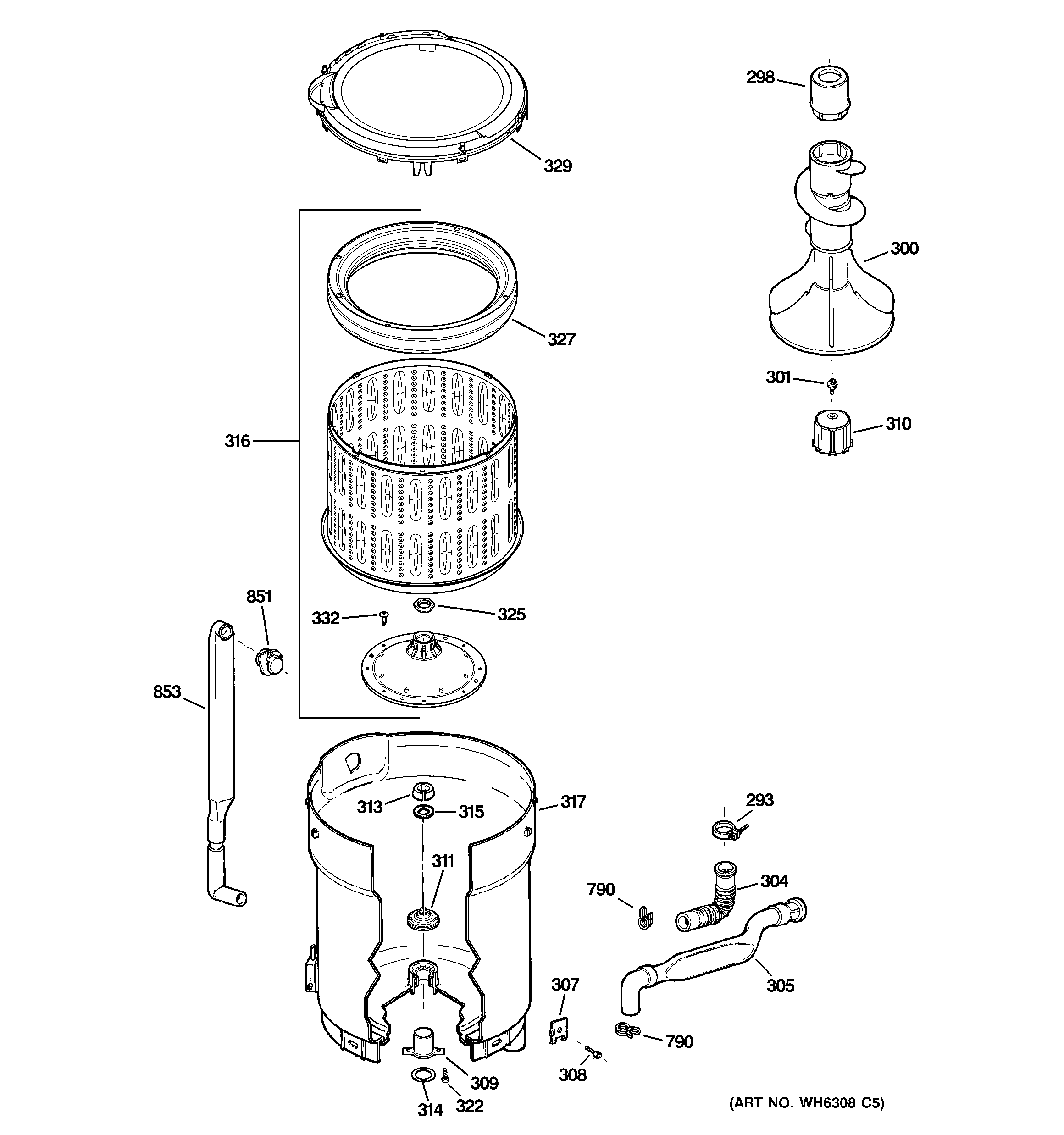 GE WJRR4170G3WW tub, basket & agitator diagram