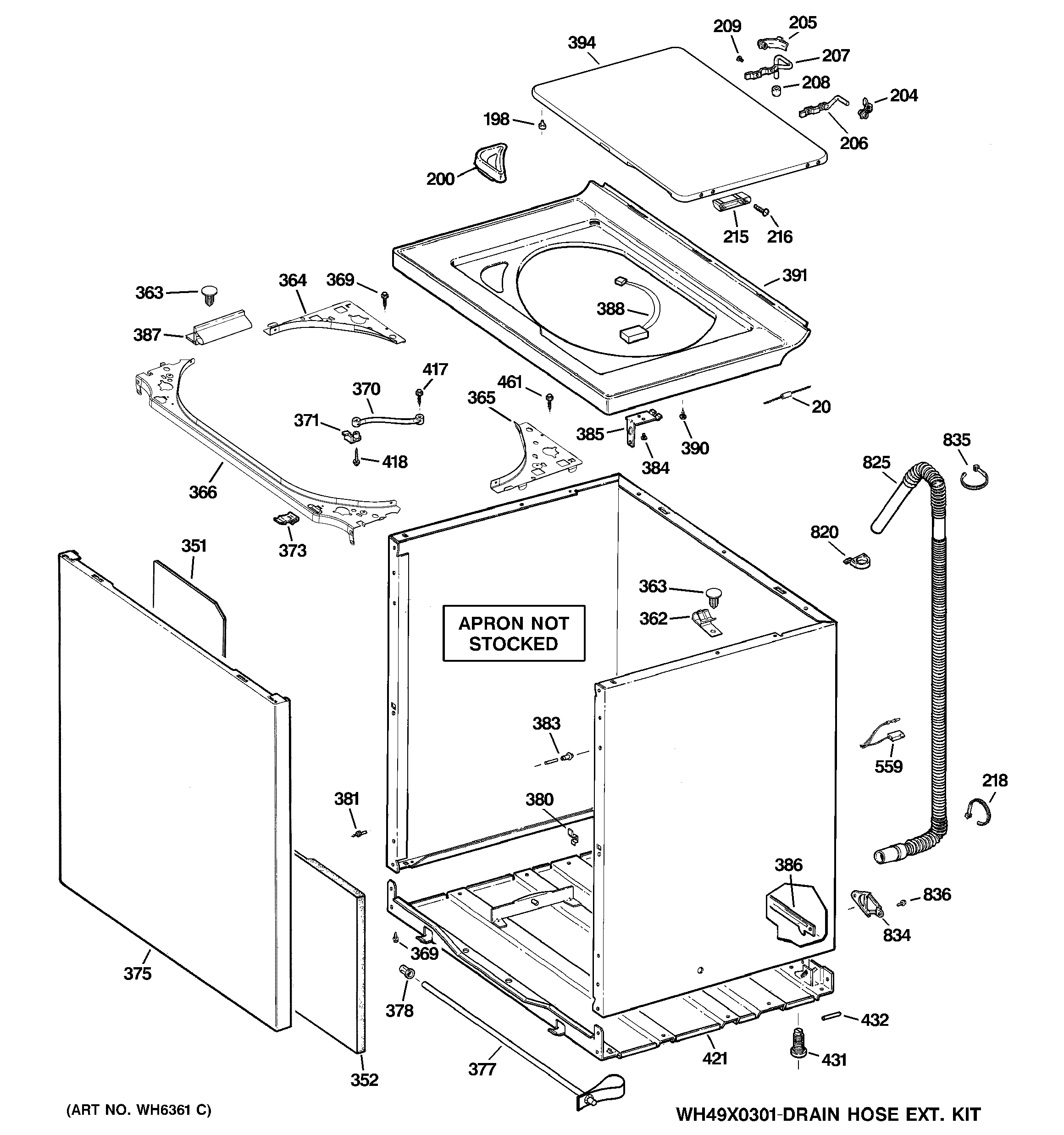 GE WCRE6270K0WW cabinet, cover & front panel diagram