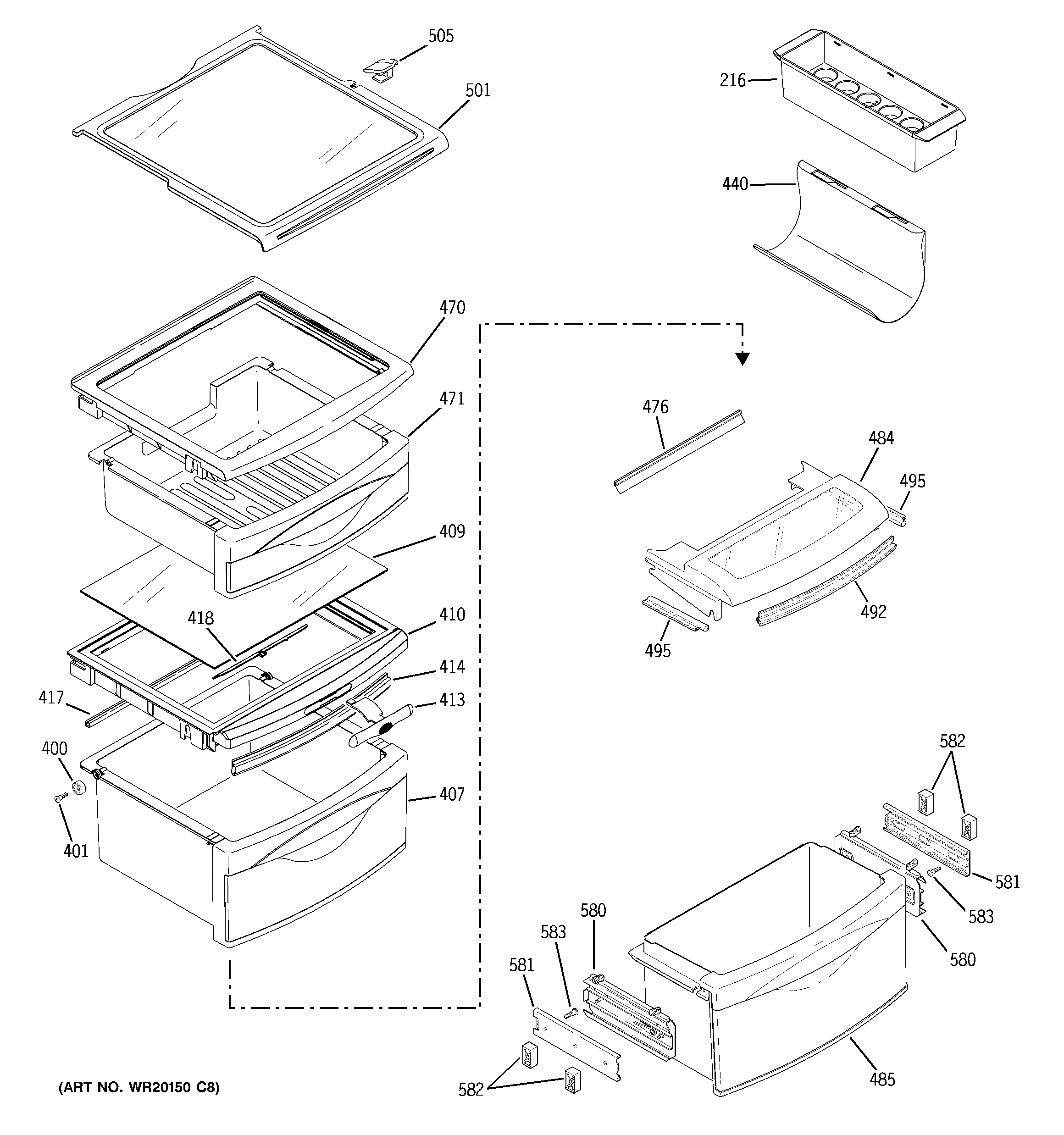 GE GSK25LHWICCC fresh food shelves diagram