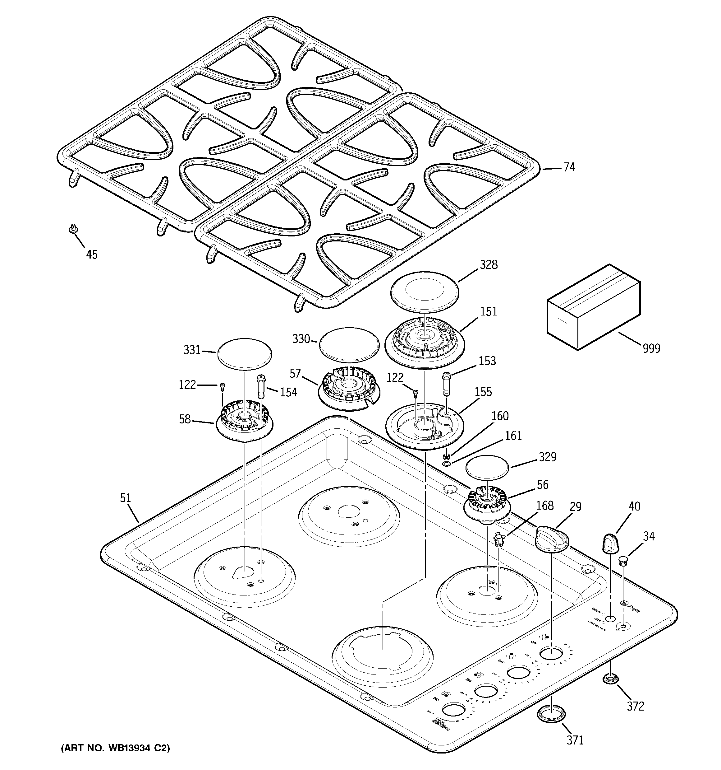 GE JGP945BEK2BB control panel & cooktop diagram