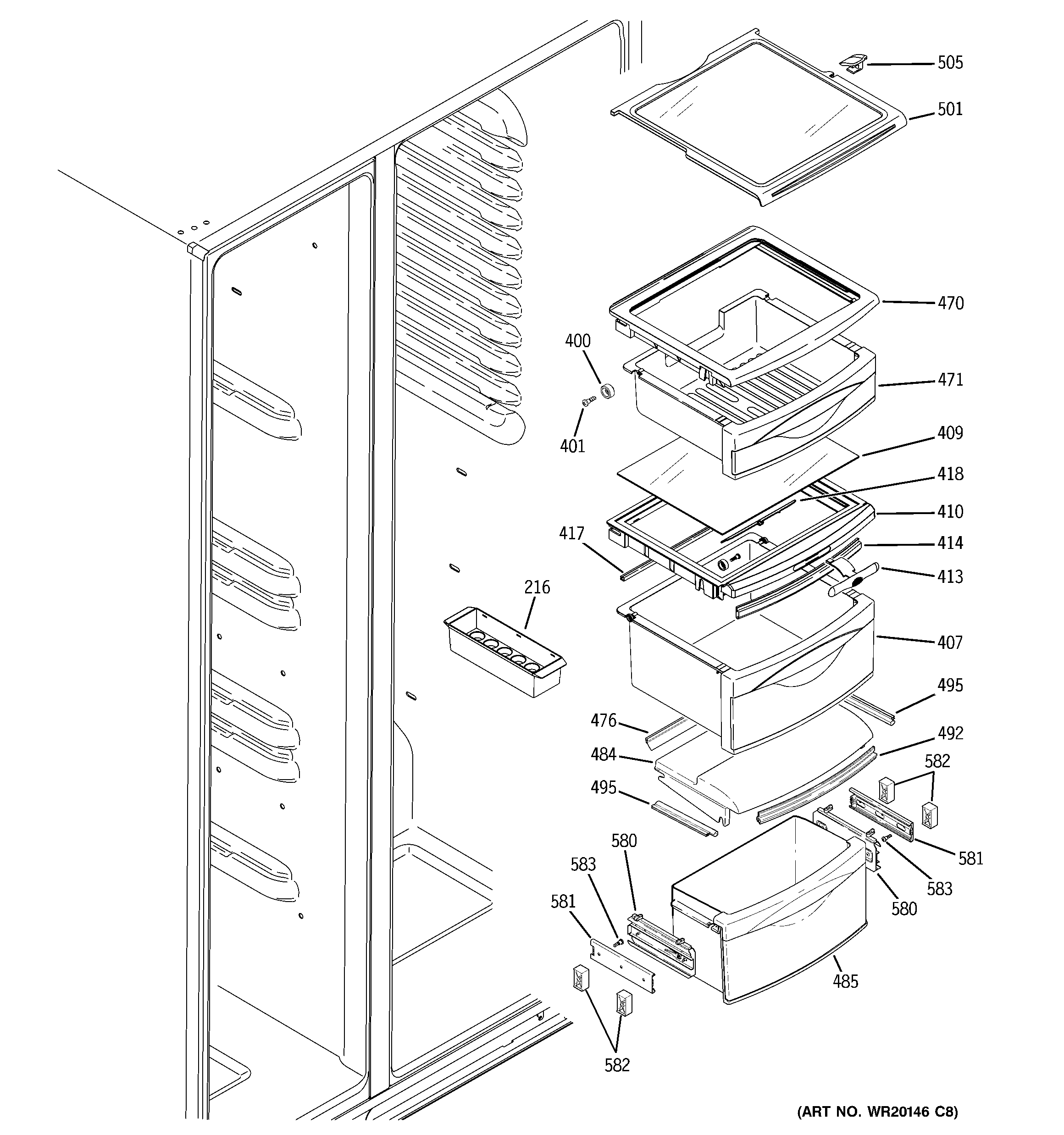 GE GIE21MGTJFBB fresh food shelves diagram