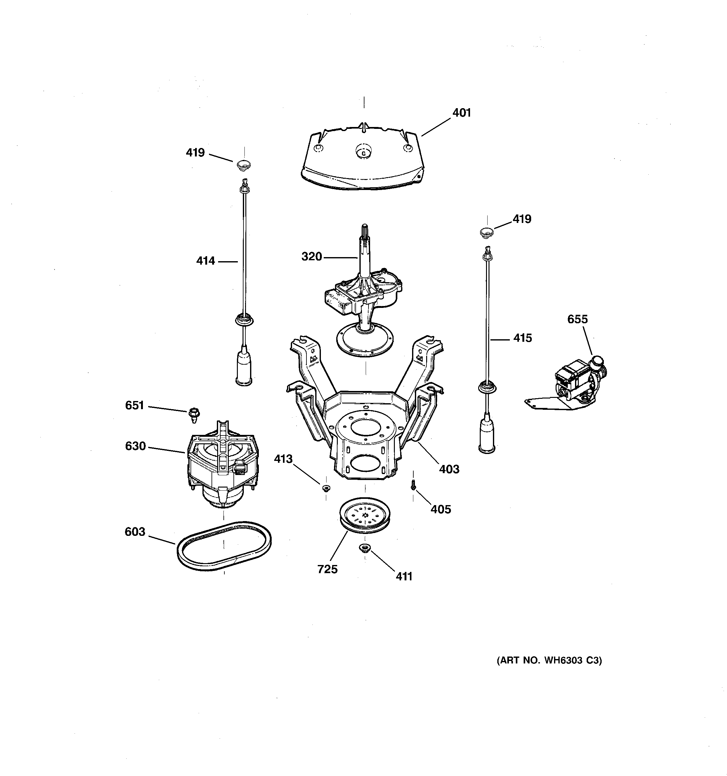 GE WBSR3000F0WS suspension, pump & drive components diagram