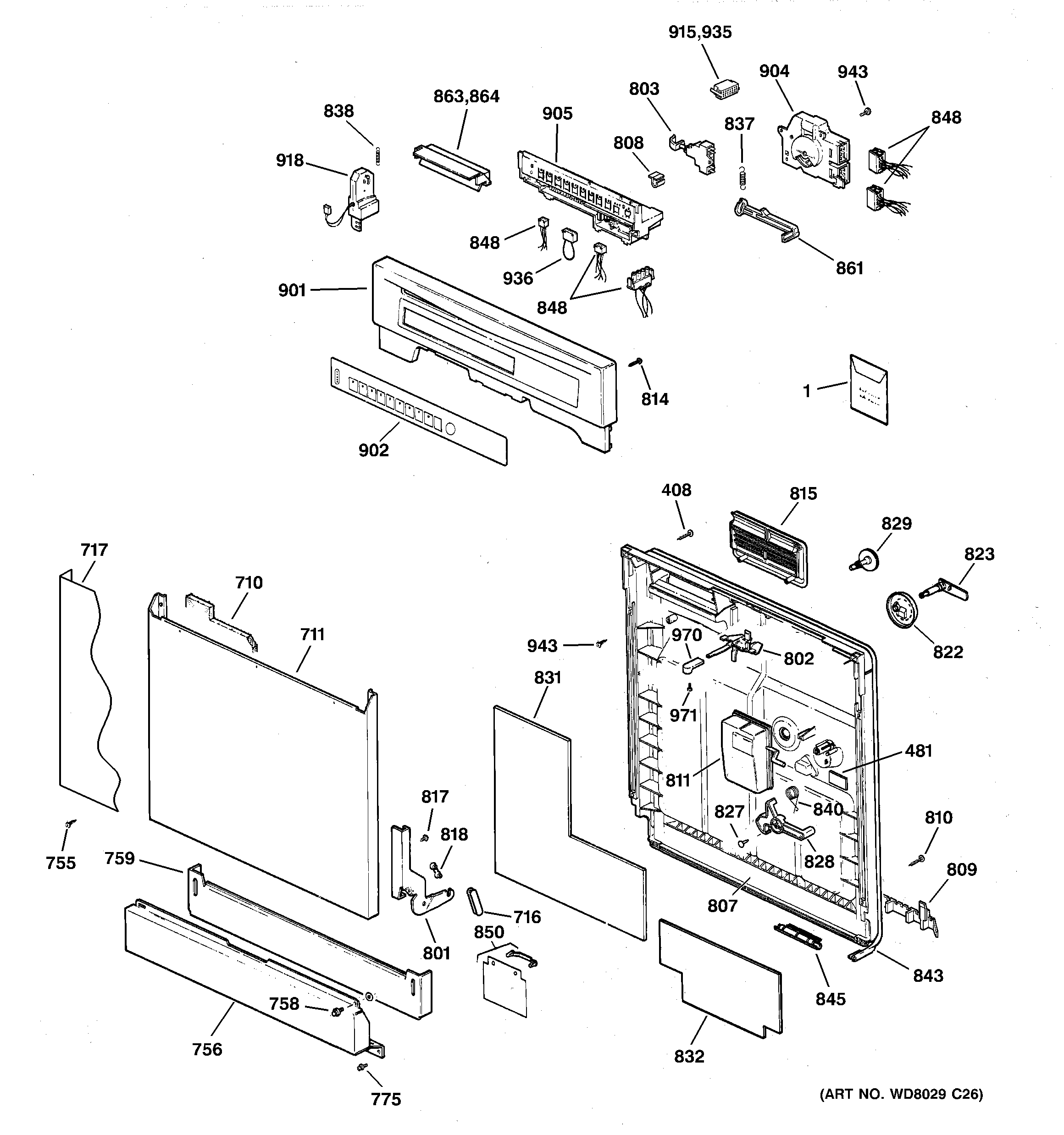 GE GSD5630D02WW escutcheon & door assembly diagram