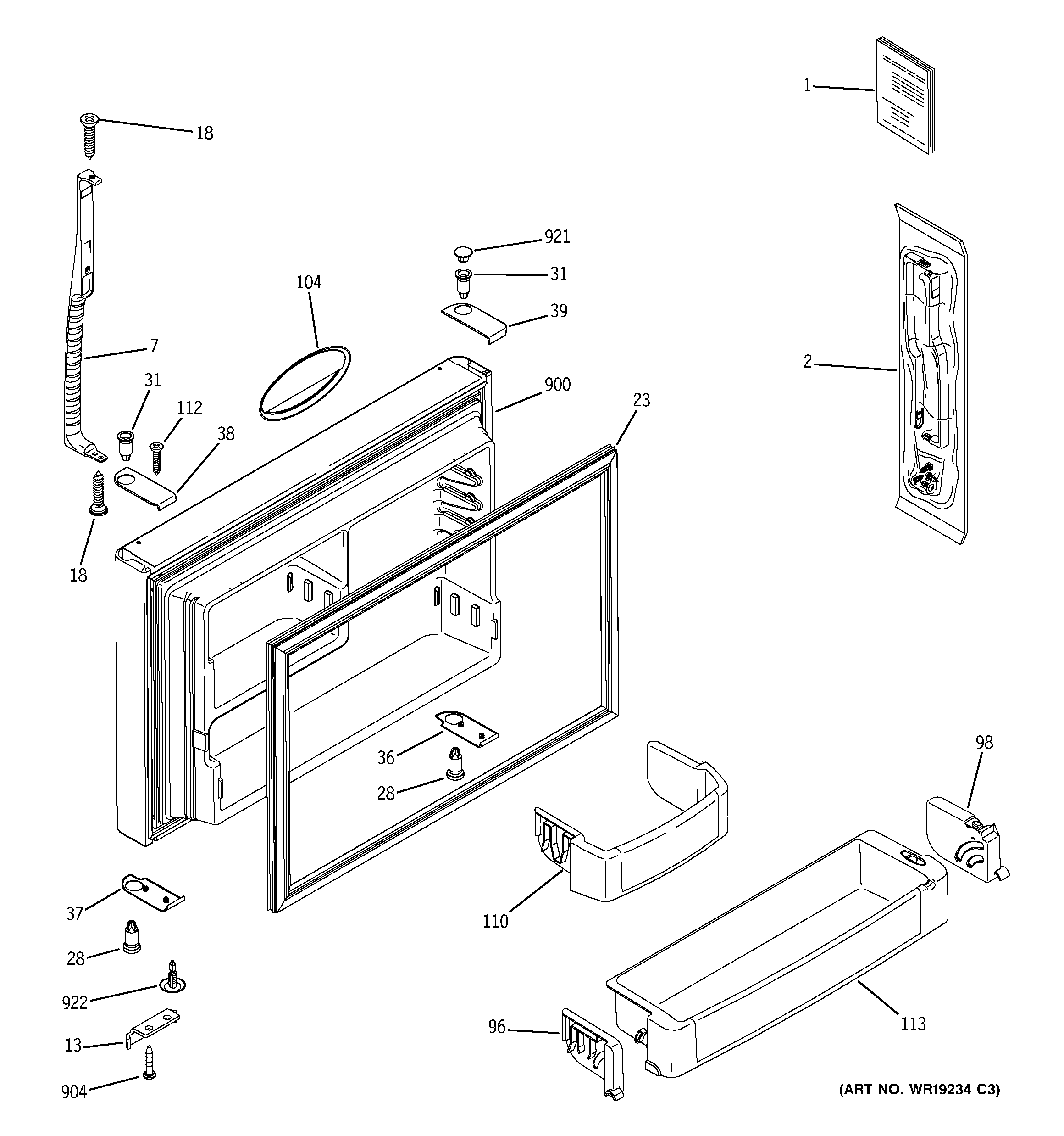 GE GTE25DBTJRWW freezer door diagram