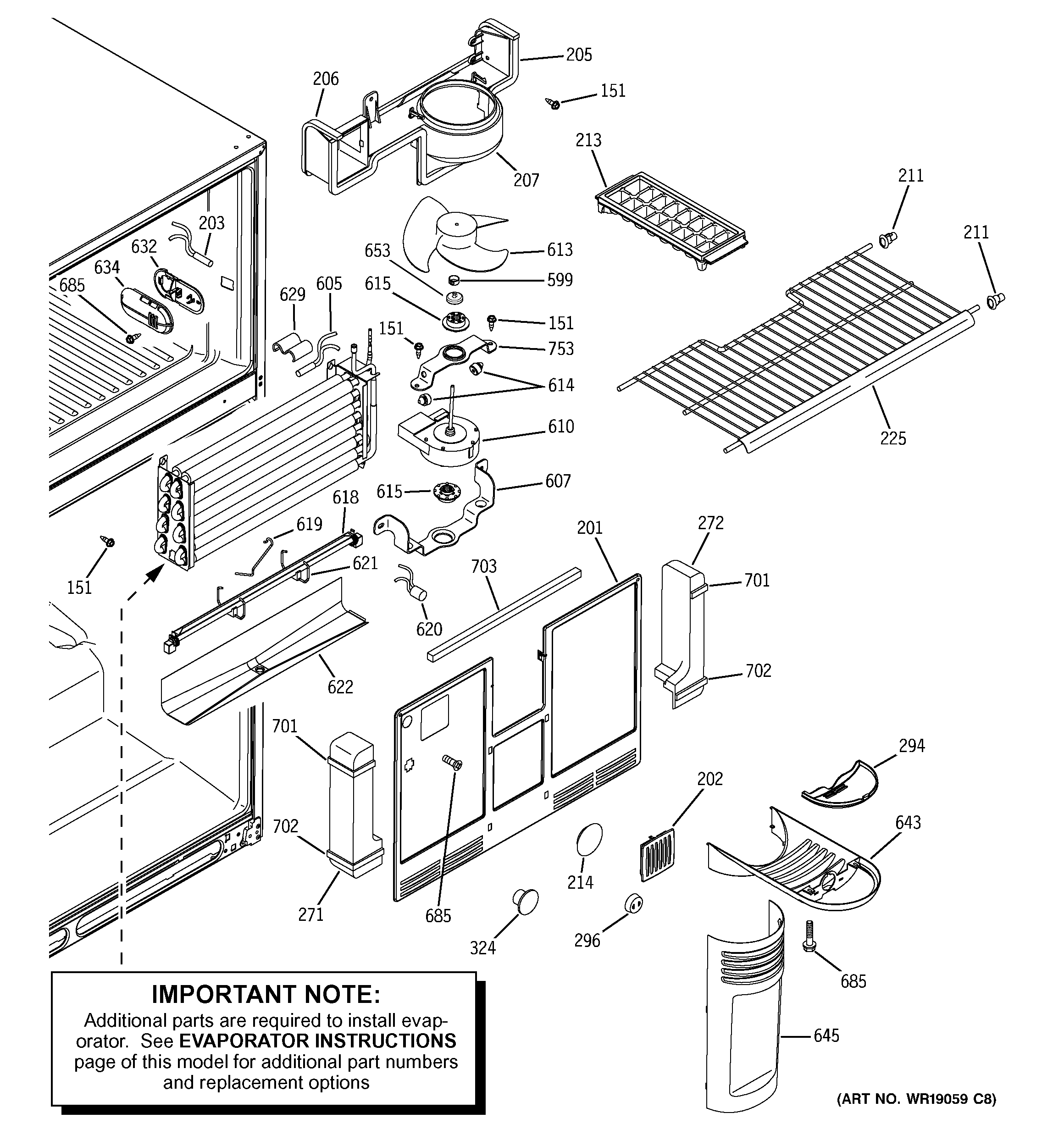 GE GTE25DBTJRWW freezer section diagram