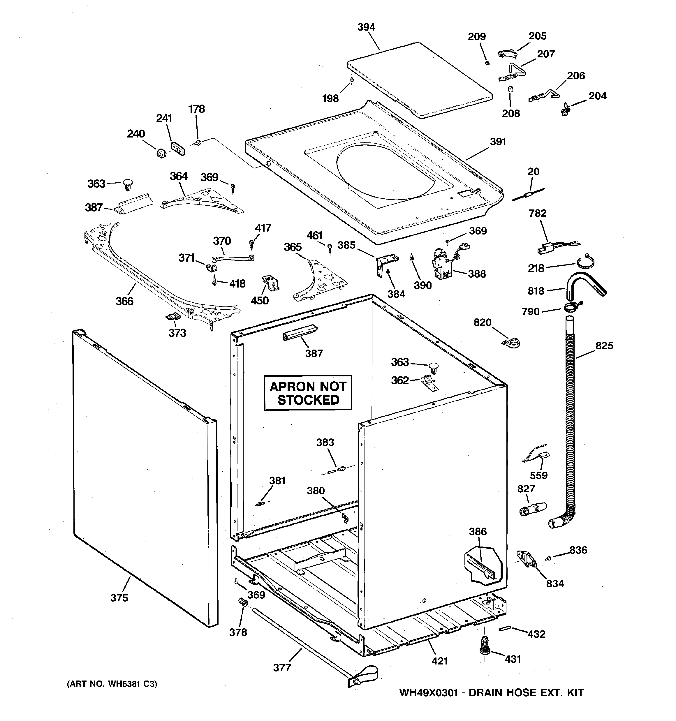 GE WMCD2050J0WC cabinet, cover & front panel diagram