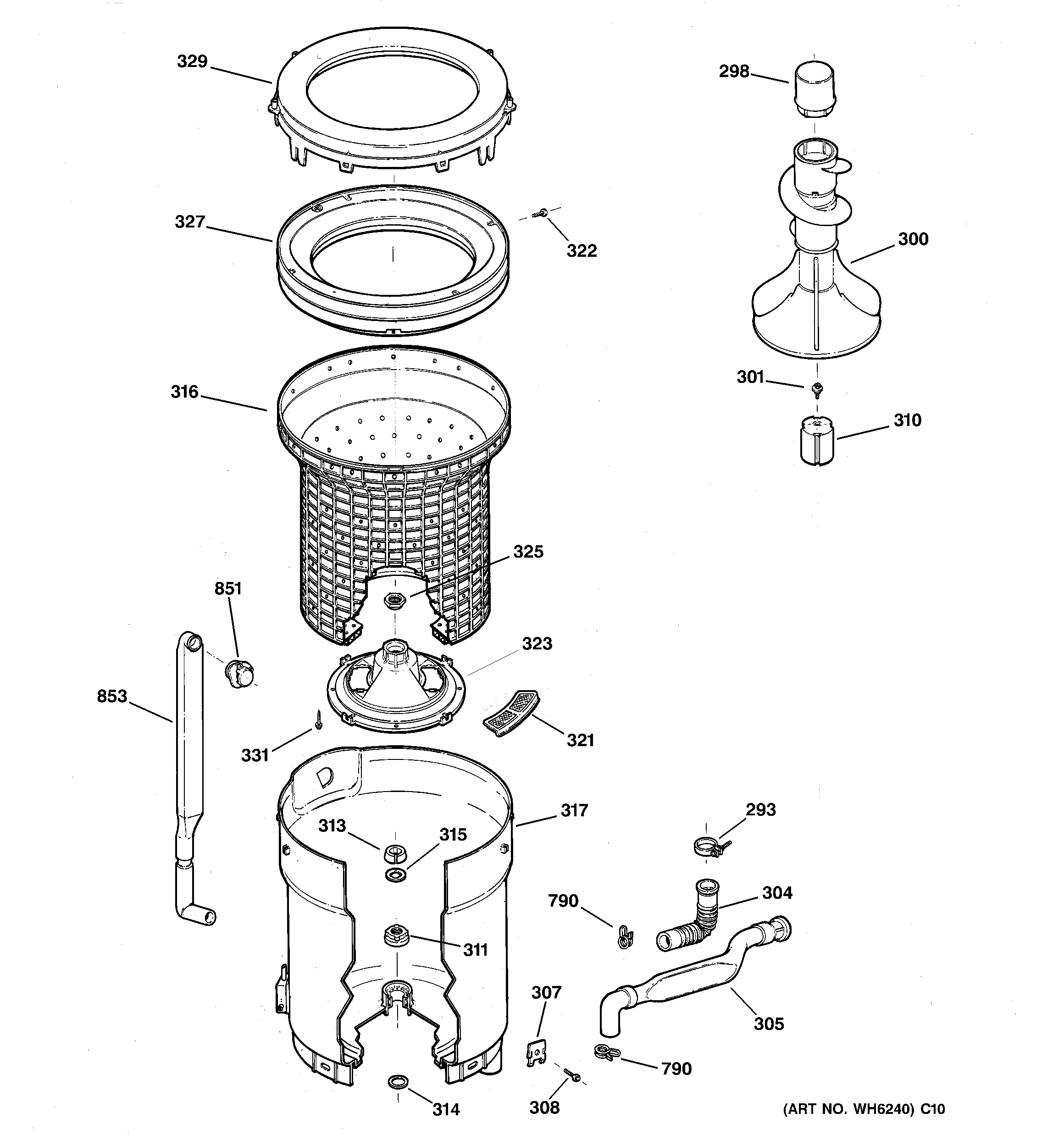 GE GNSR2090T9WW tub, basket & agitator diagram