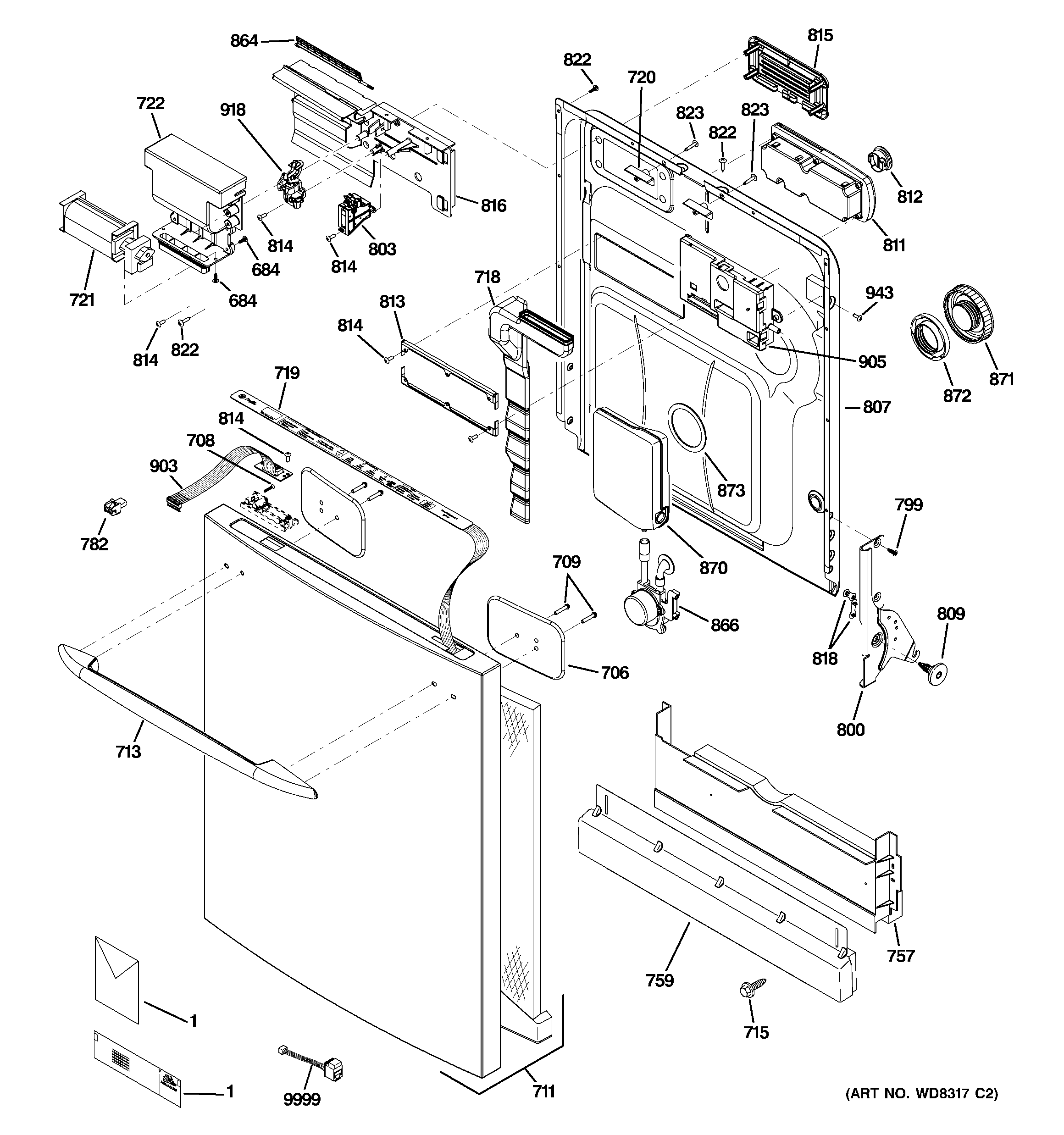 GE PDWT505R00BB escutcheon & door assembly diagram