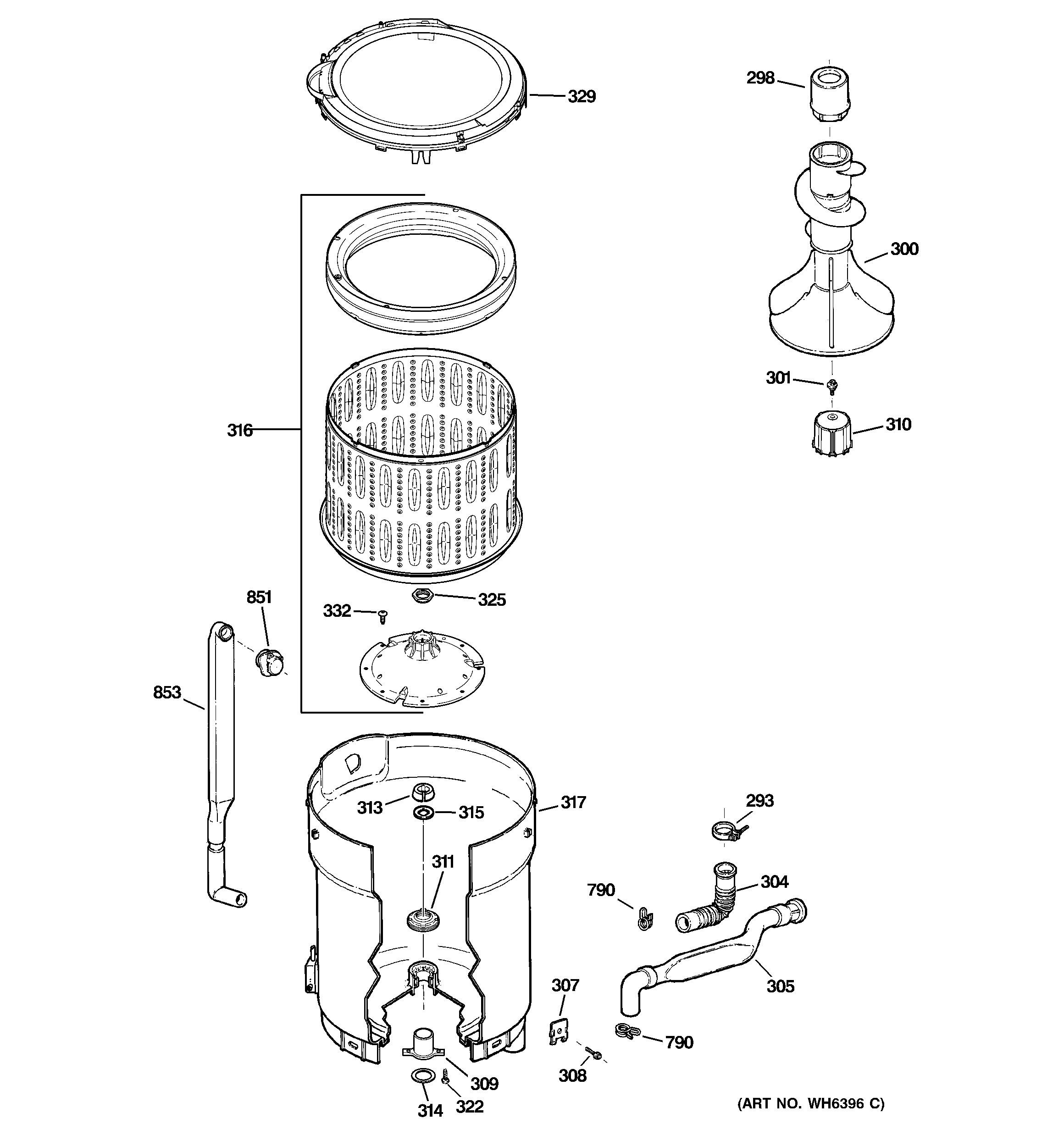 GE WDRR2500K1WW tub, basket & agitator diagram