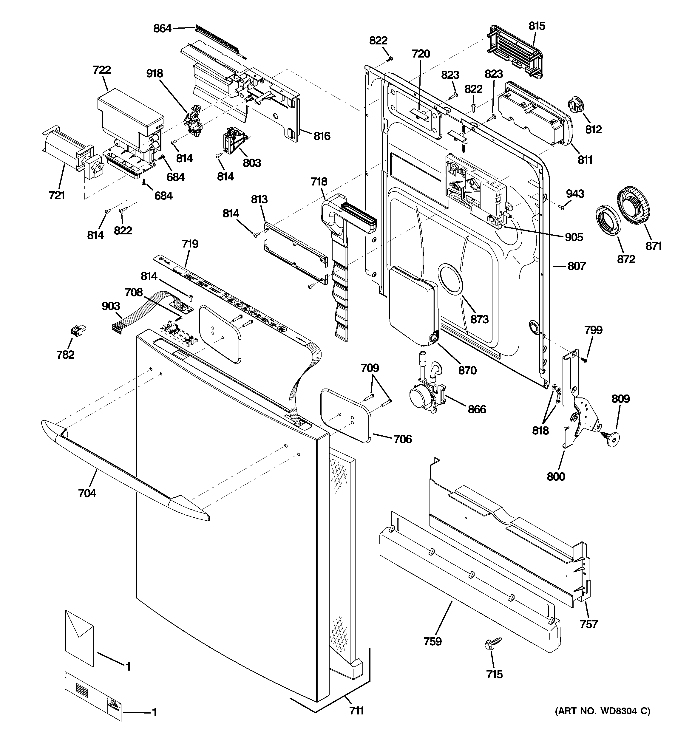 GE PDWT510P10BB escutcheon & door assembly diagram
