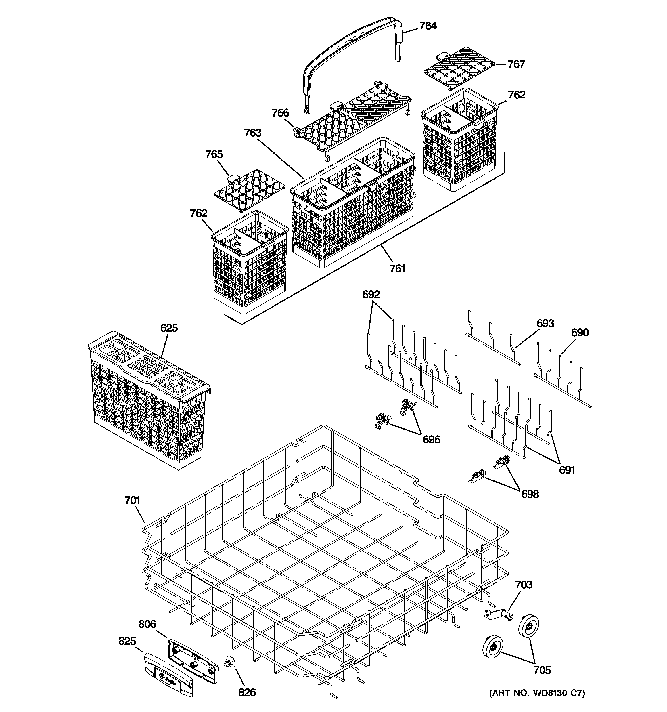 GE PDWT510P10BB lower rack assembly diagram