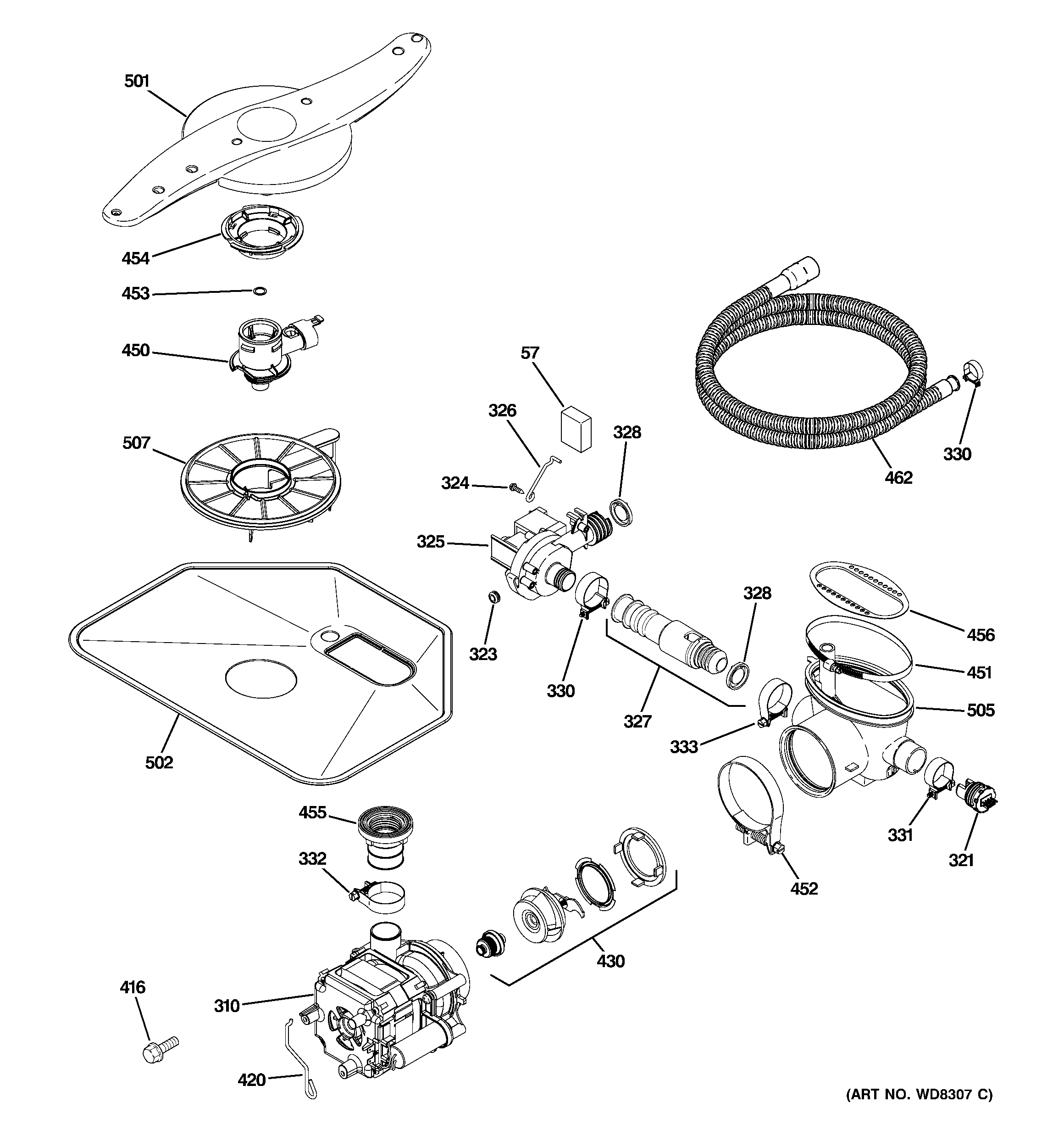 GE PDWT510P10BB motor-pump mechanism diagram