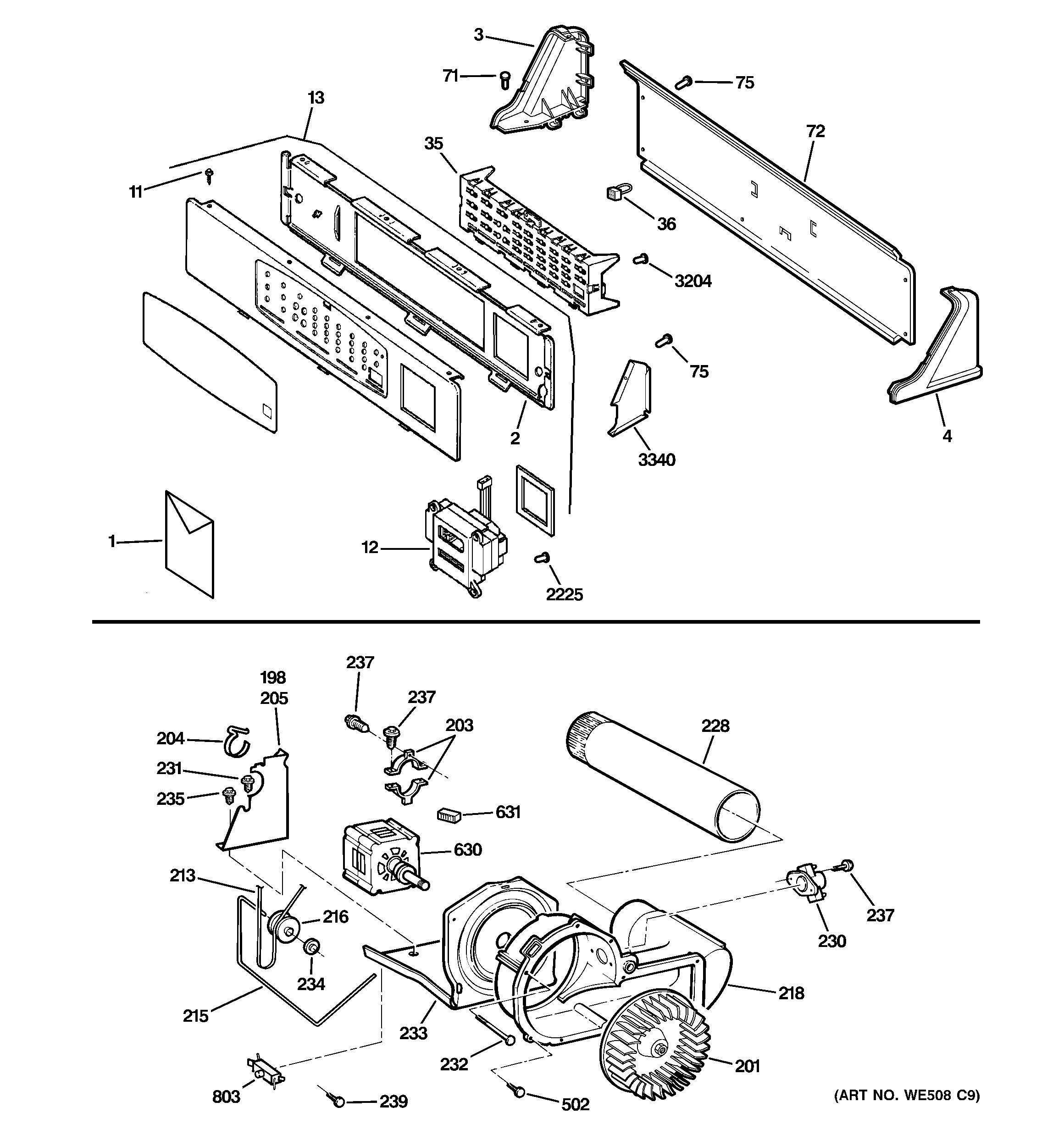 GE DNCK440EG6WC backsplash, blower & motor assembly diagram