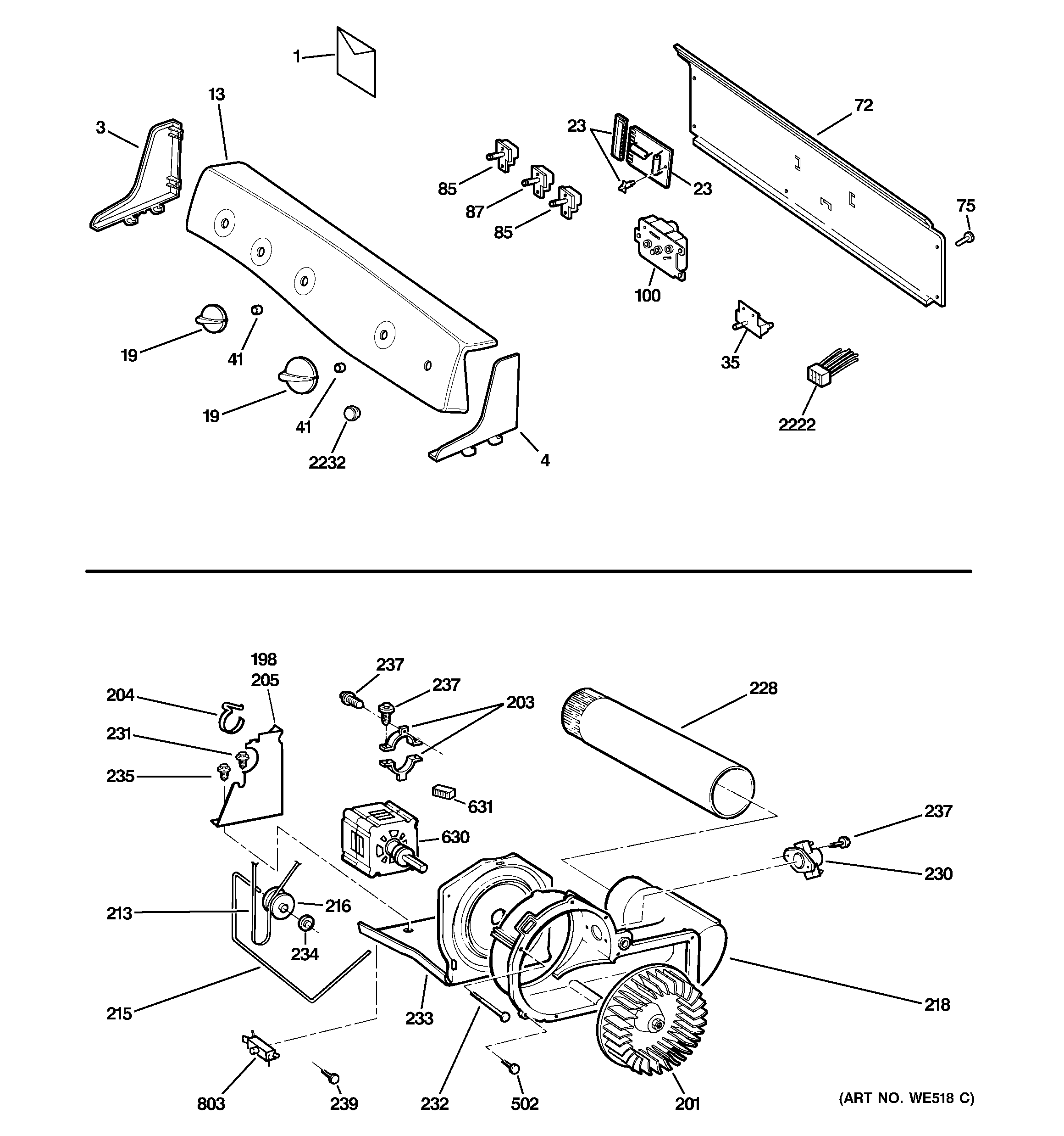 GE DPSR610EG7WT backsplash, blower & motor assembly diagram