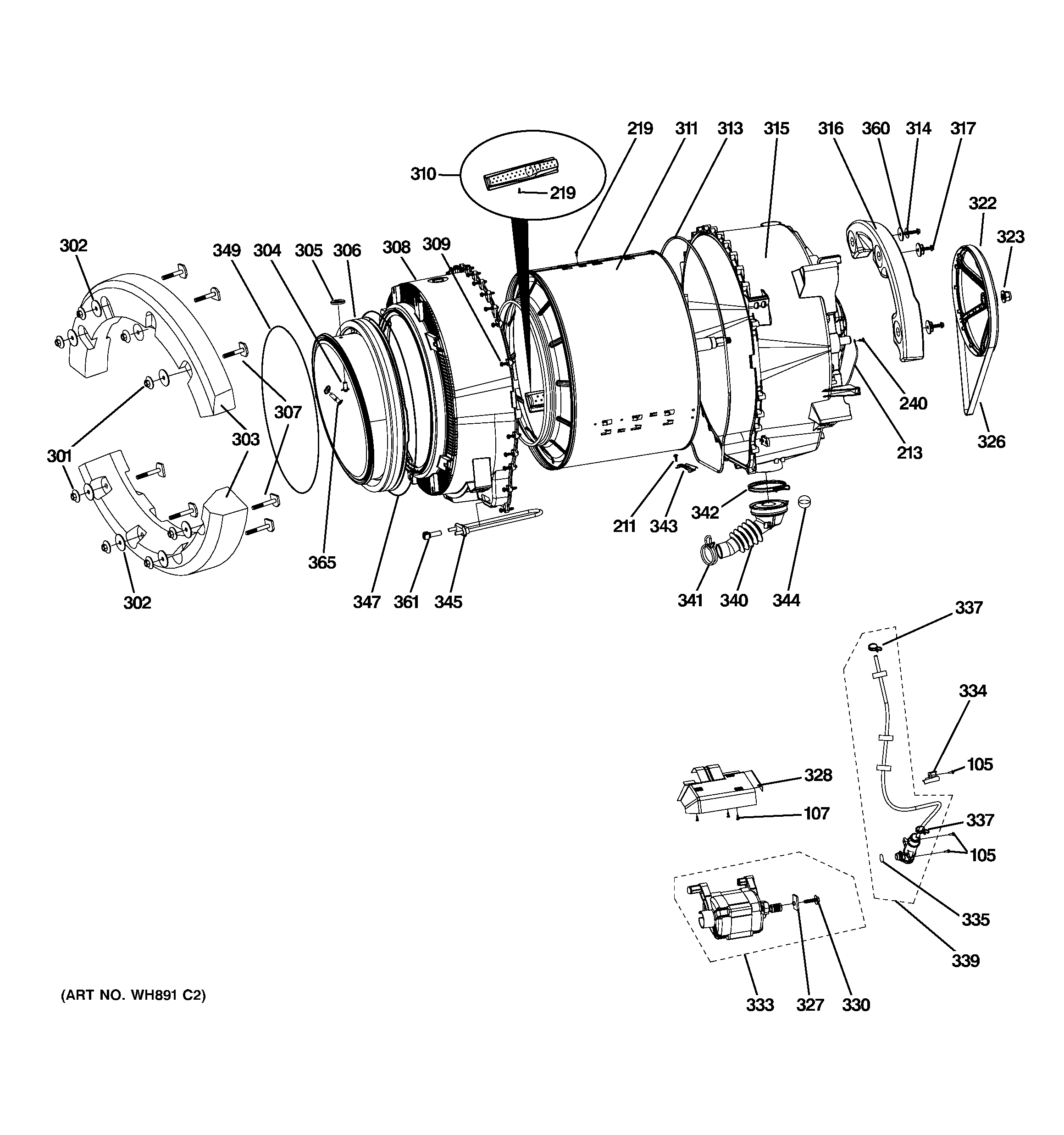 GE WPDH8900J0MV tub & motor diagram