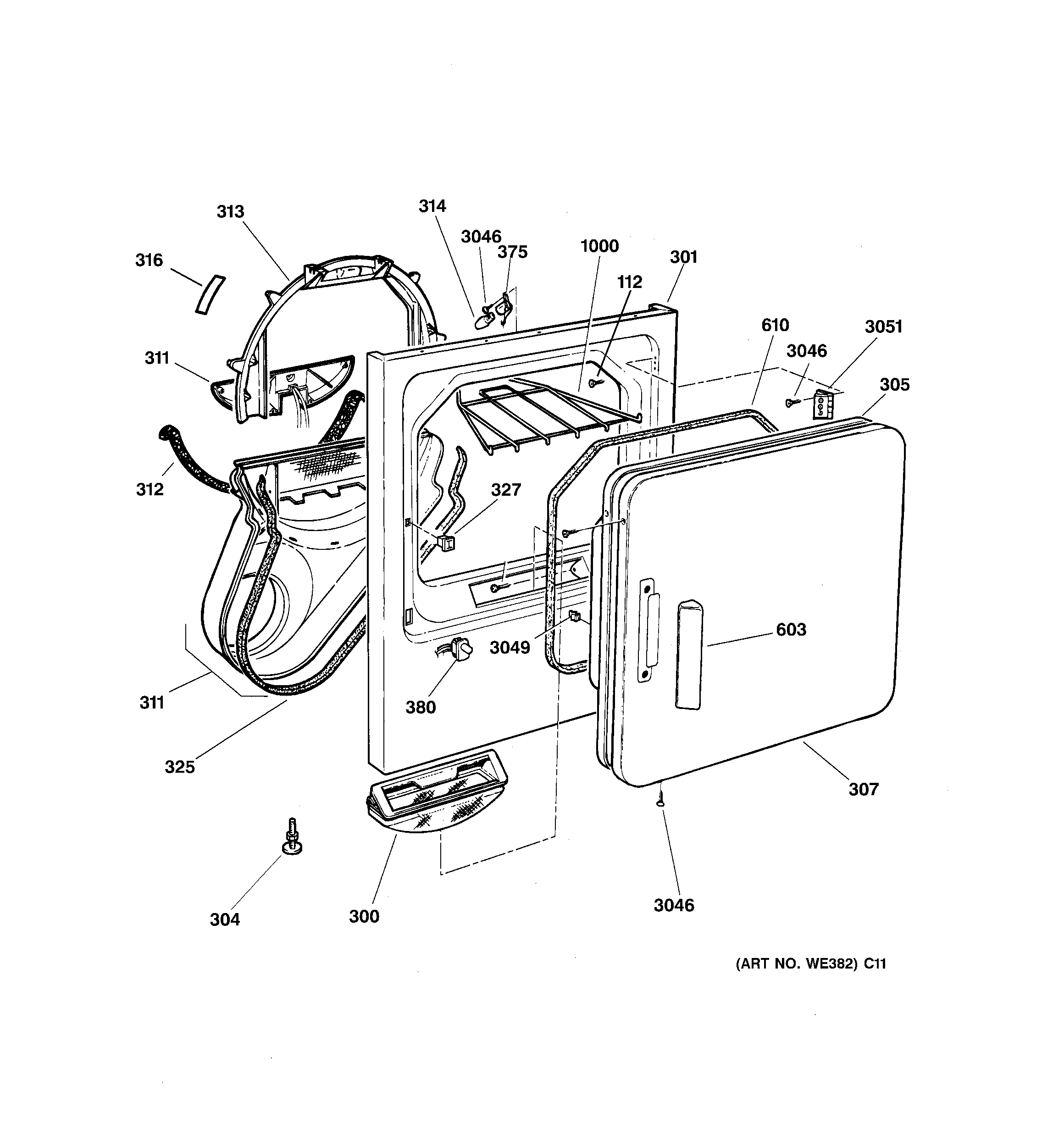 GE DPSQ475GT5WW front panel & door diagram
