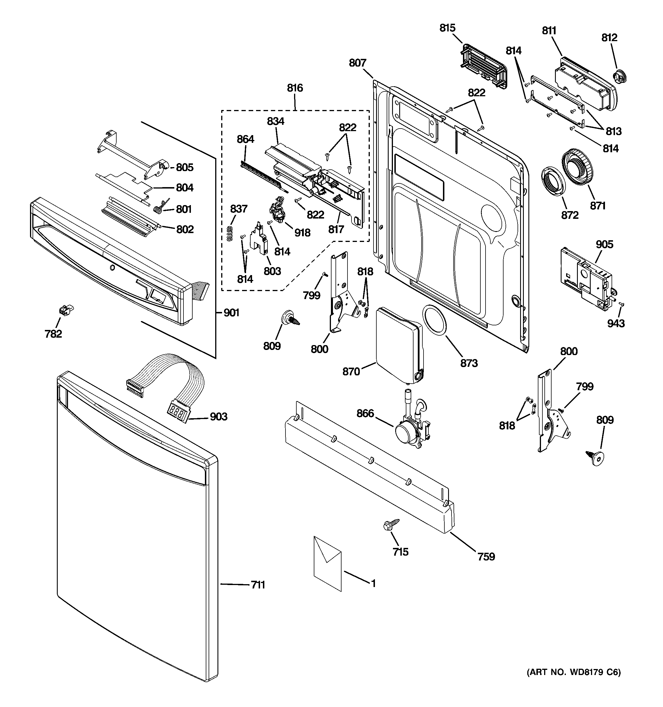 GE PDWF500P00BB escutcheon & door assembly diagram