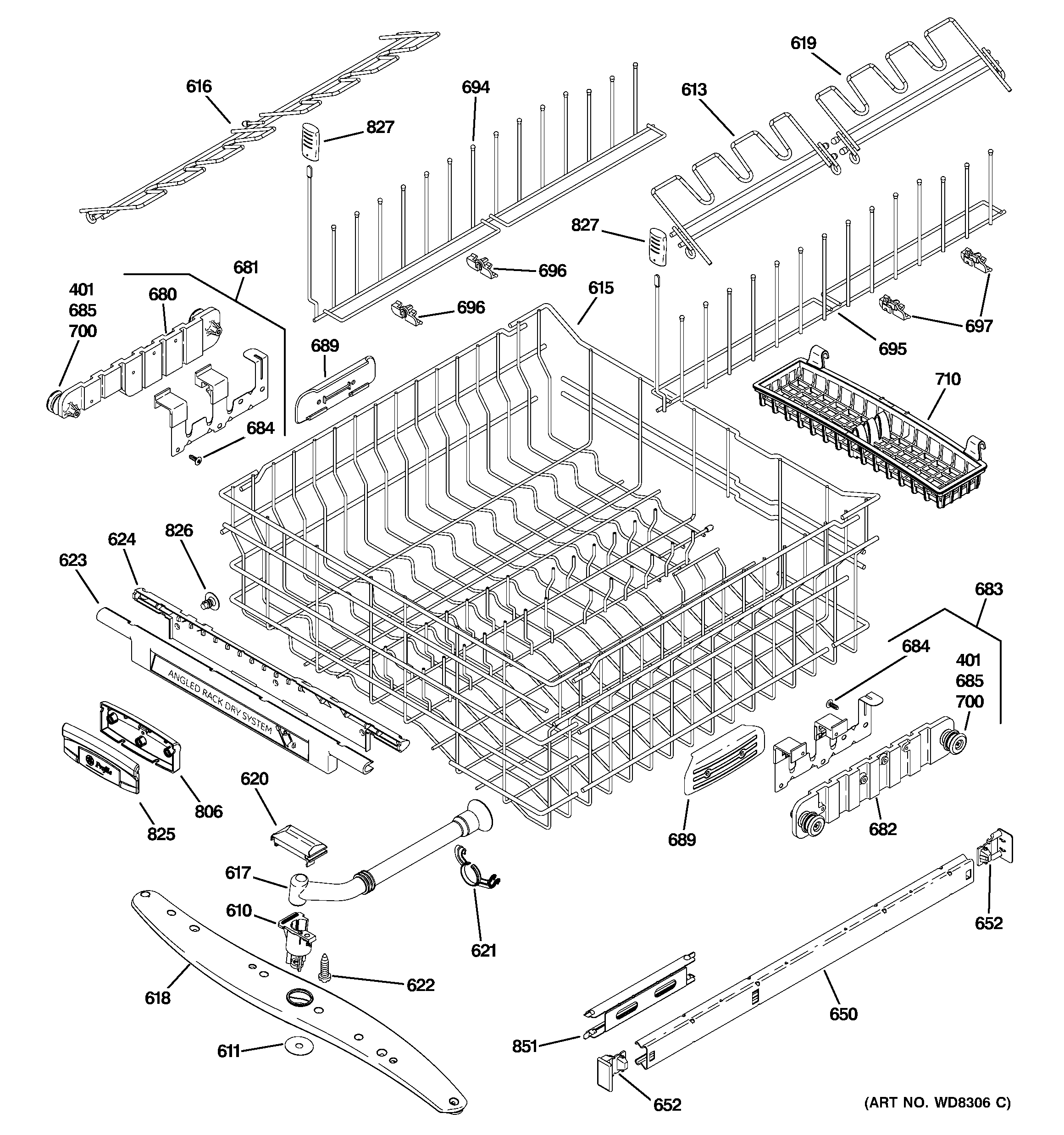 GE PDWF500P00BB upper rack assembly diagram