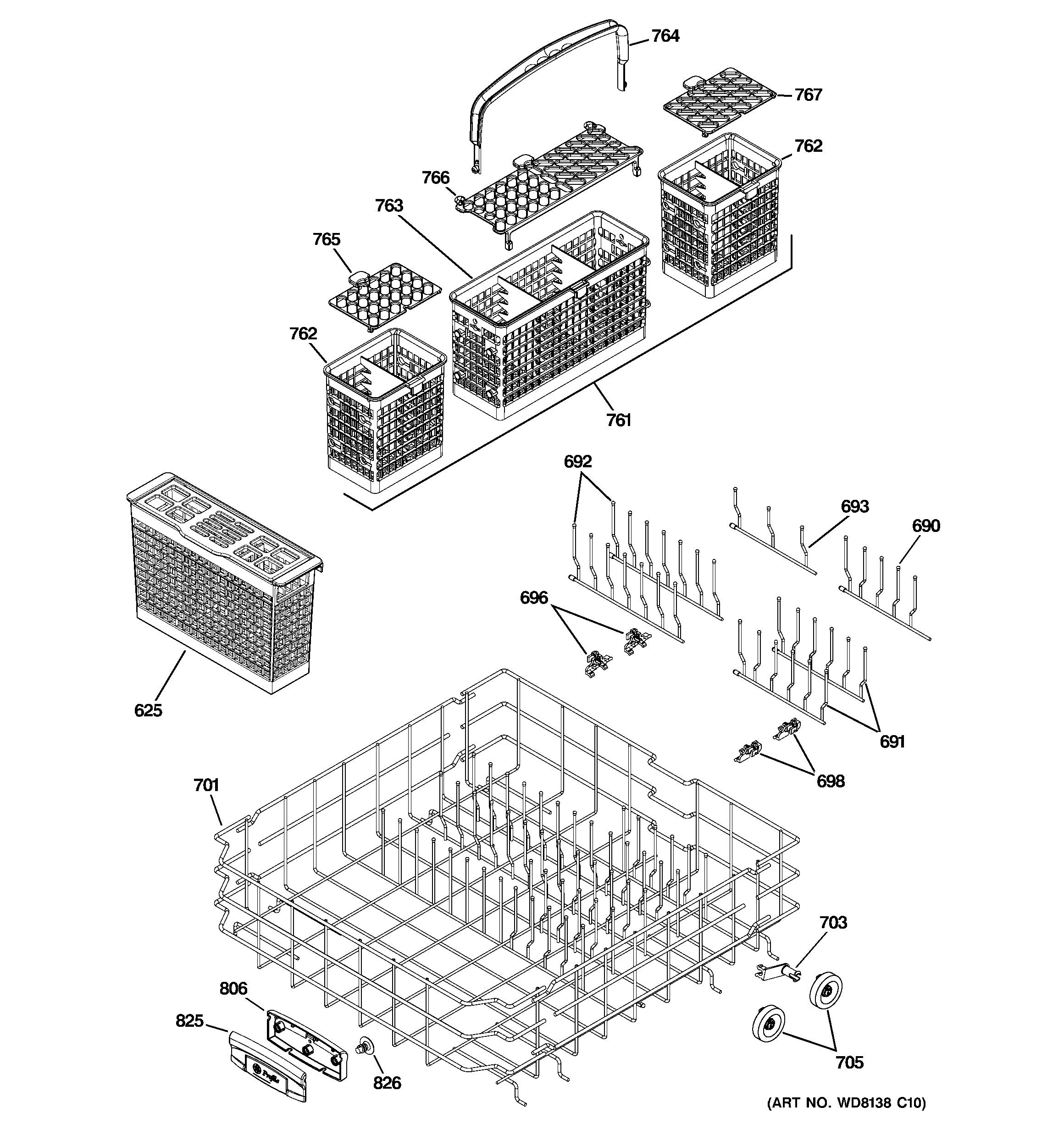 GE PDWF500P00BB lower rack assembly diagram
