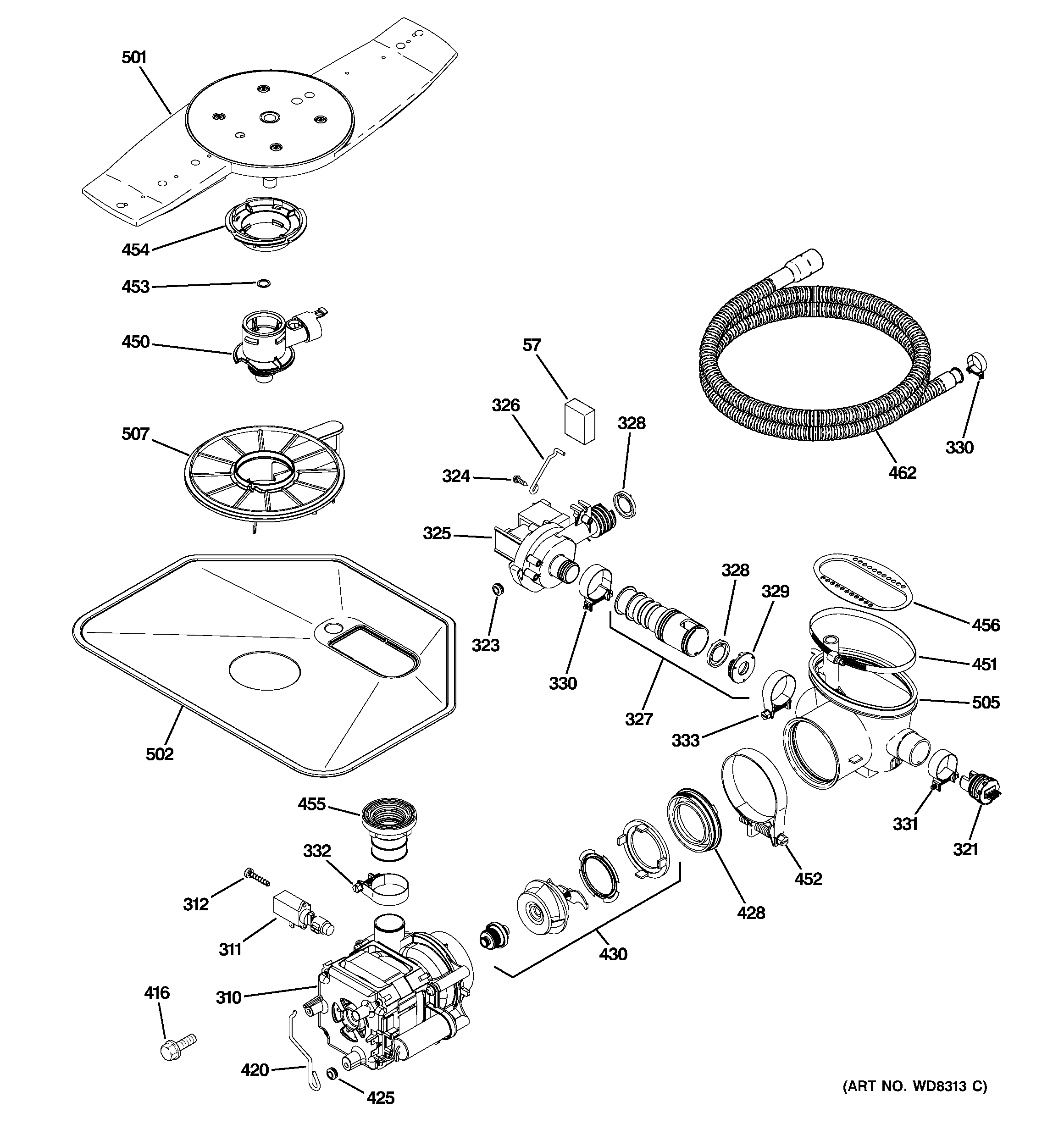GE PDWF500P00BB motor-pump mechanism diagram