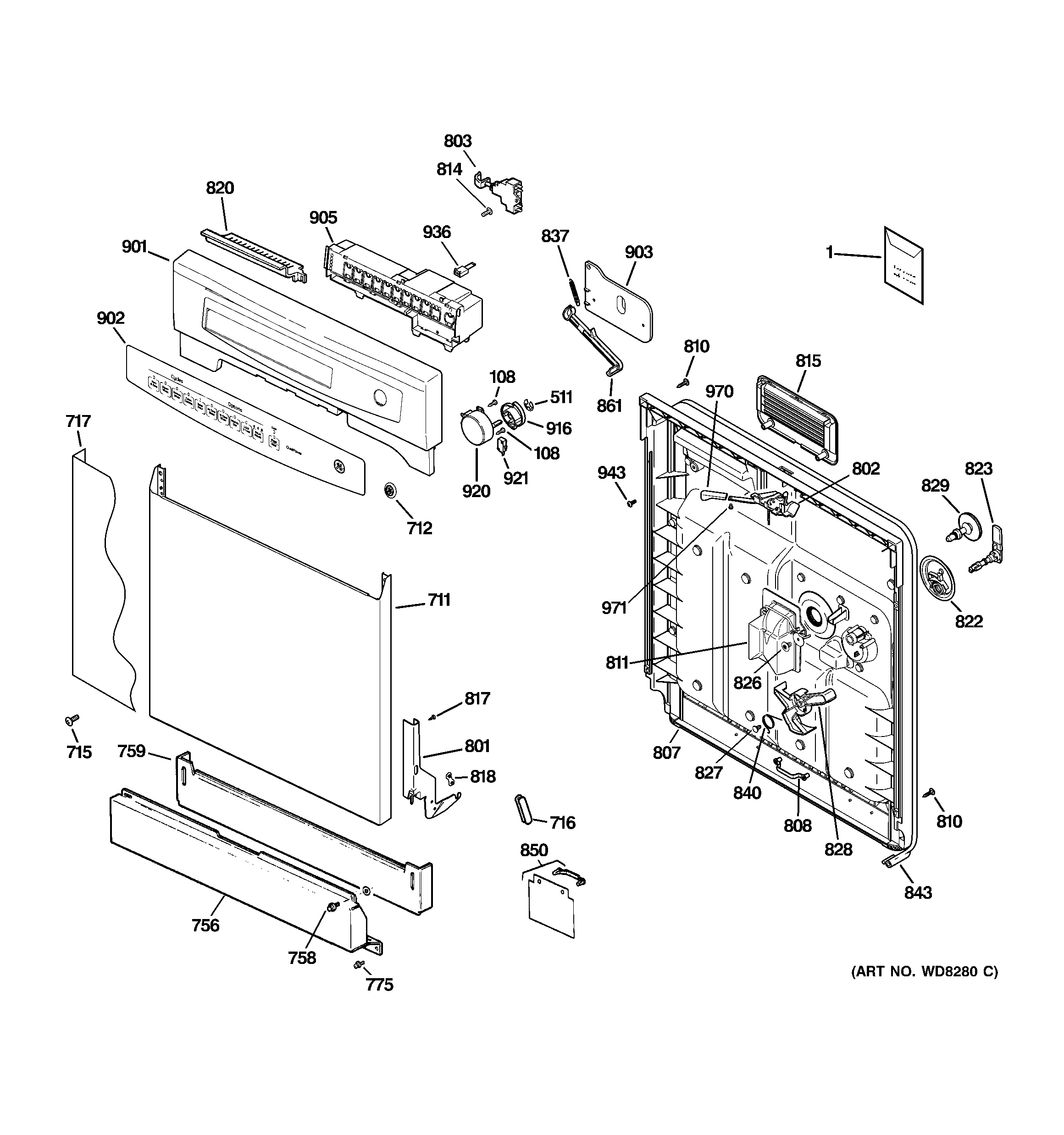 GE GSD4060N10SS escutcheon & door assembly diagram