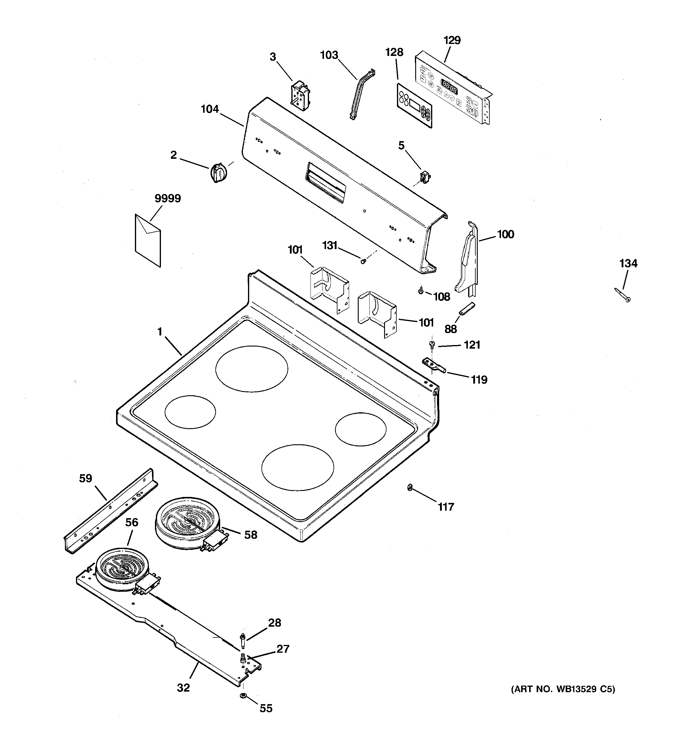 GE JB600WK5WW control panel & cooktop diagram