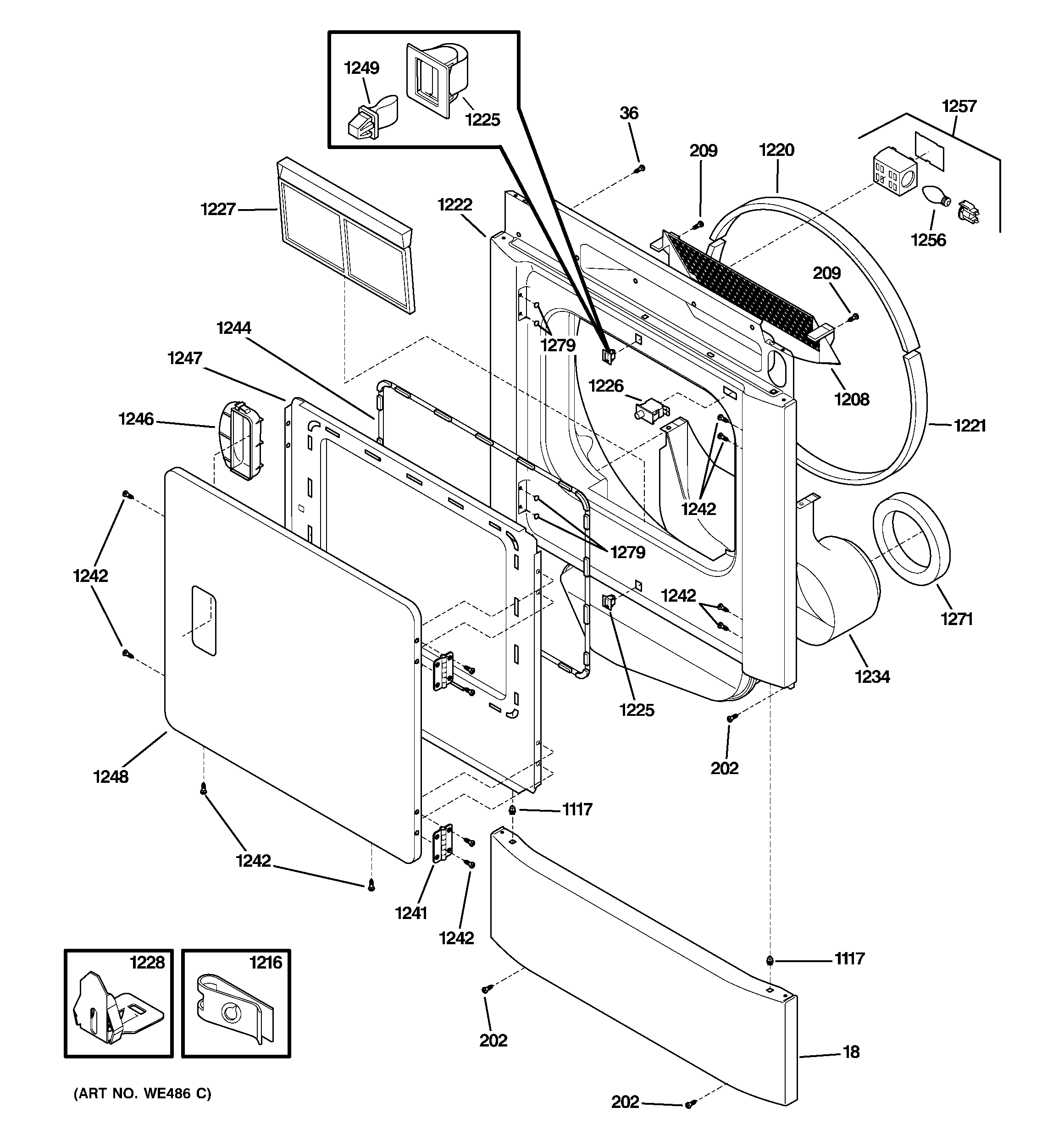 GE DSXH47GG0WW front panel & door diagram