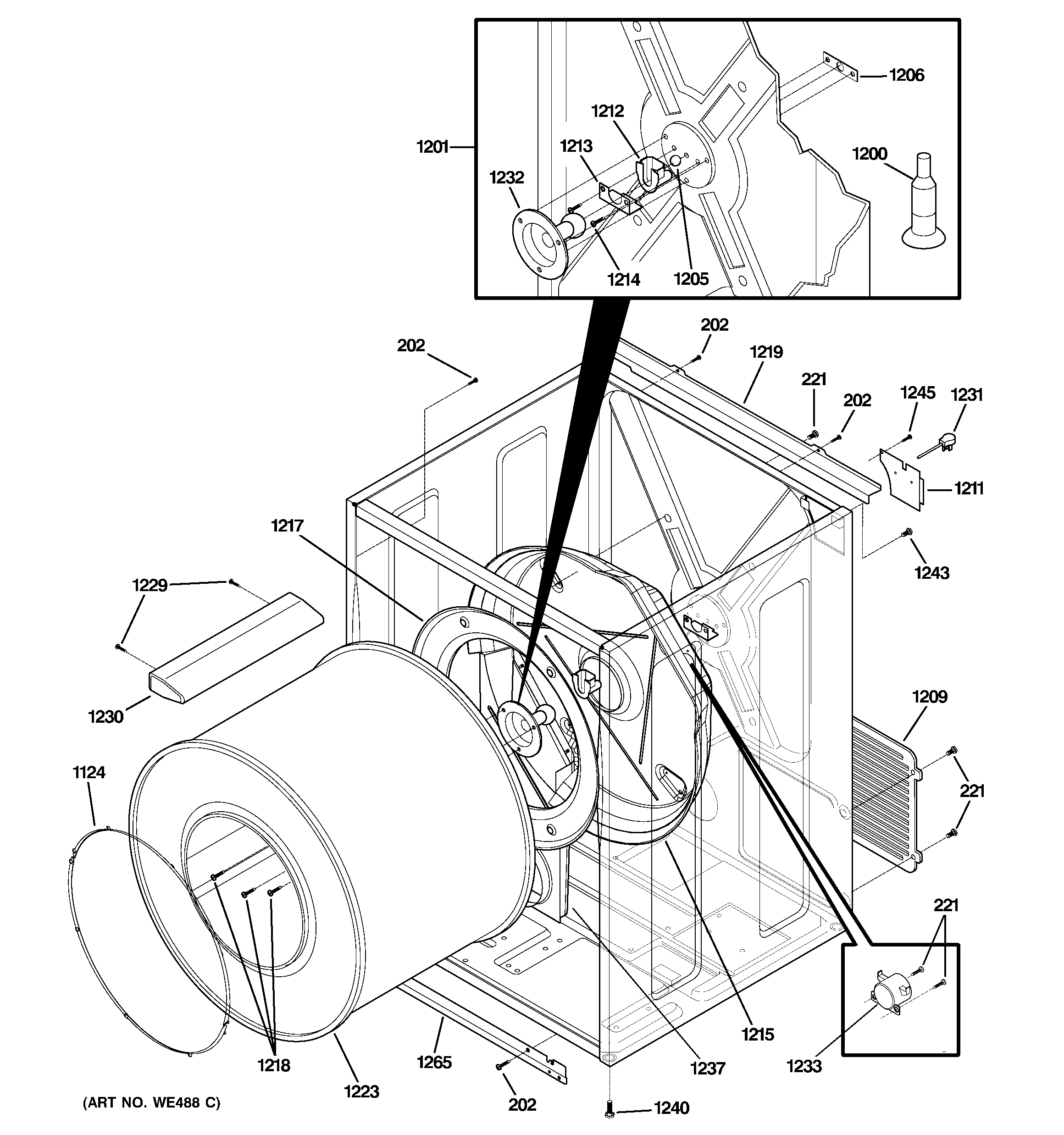 GE DSXH47GG0WW cabinet & drum diagram