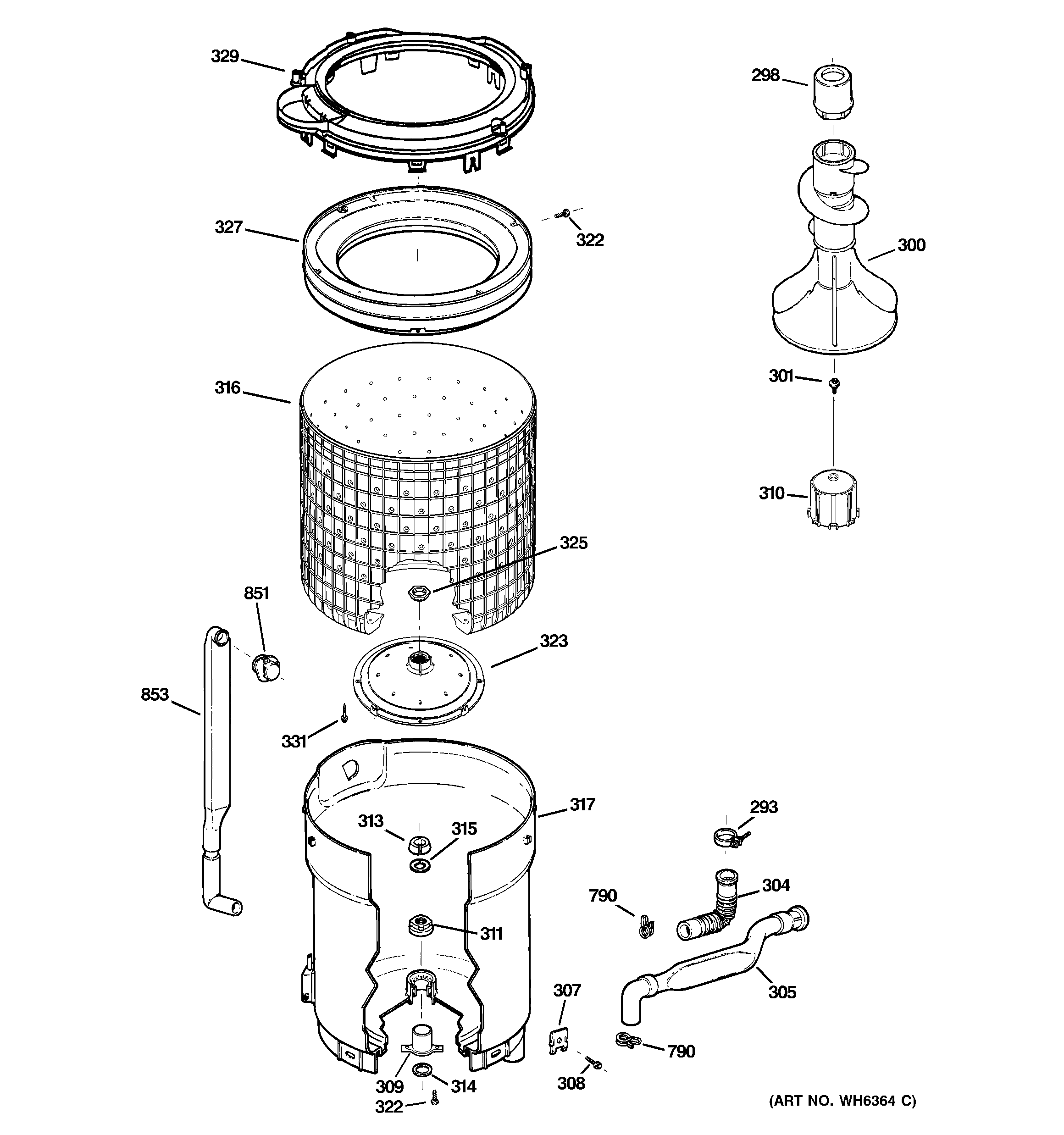 GE GHDSR209H8WW tub, basket & agitator diagram