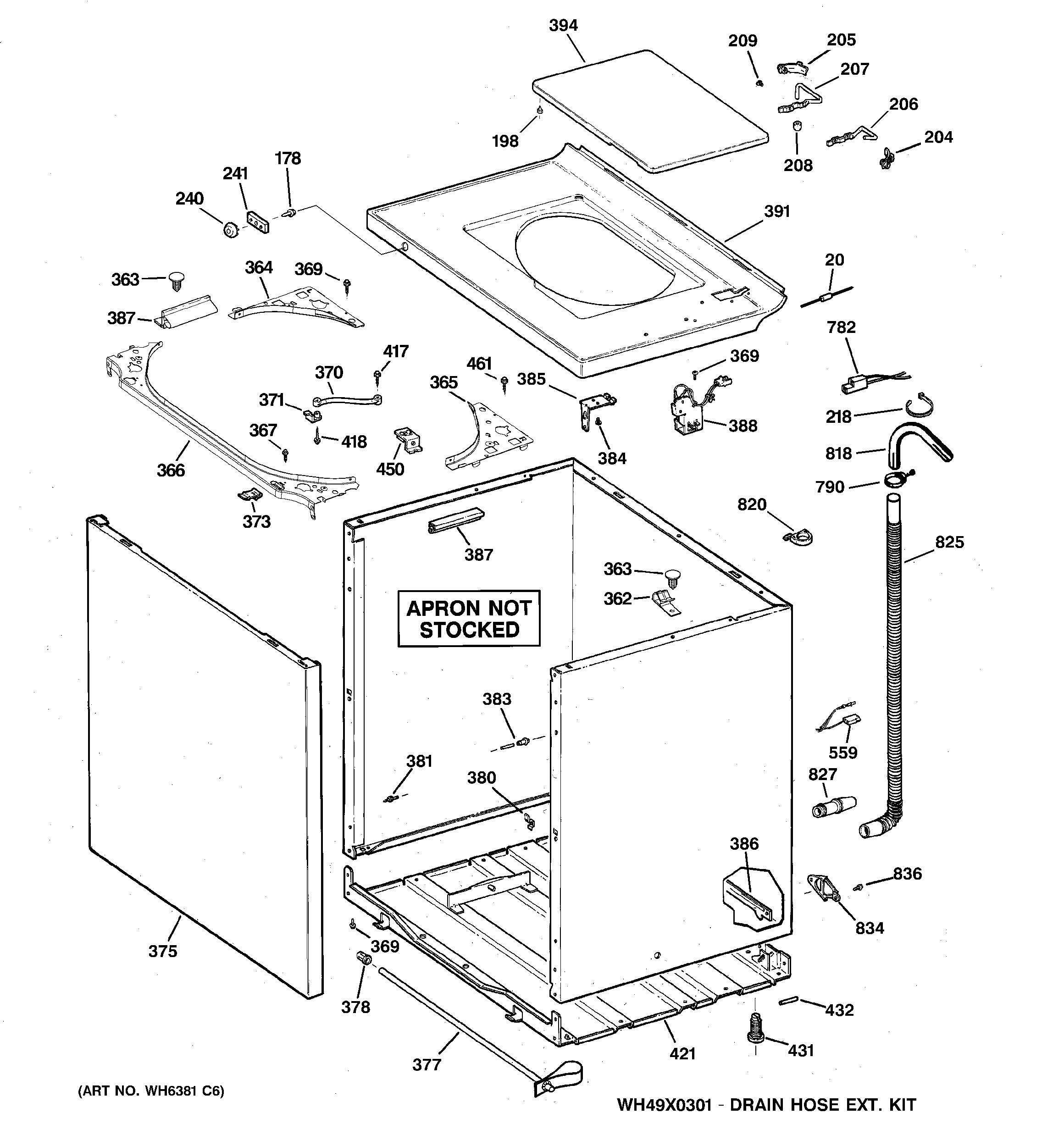 GE WCRD2050H6WC cabinet, cover & front panel diagram