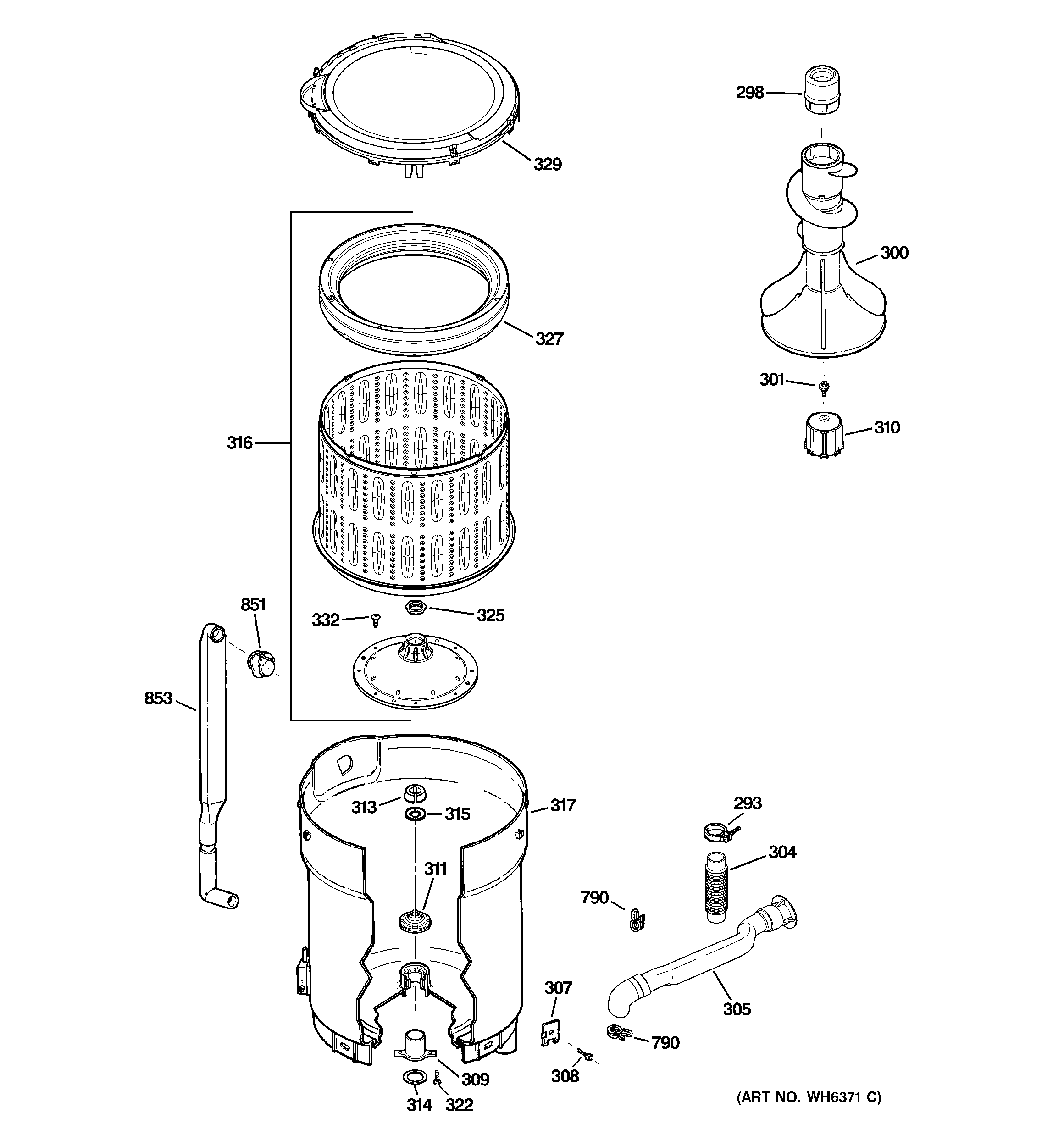 GE WCRE6270H2CC tub, basket & agitator diagram