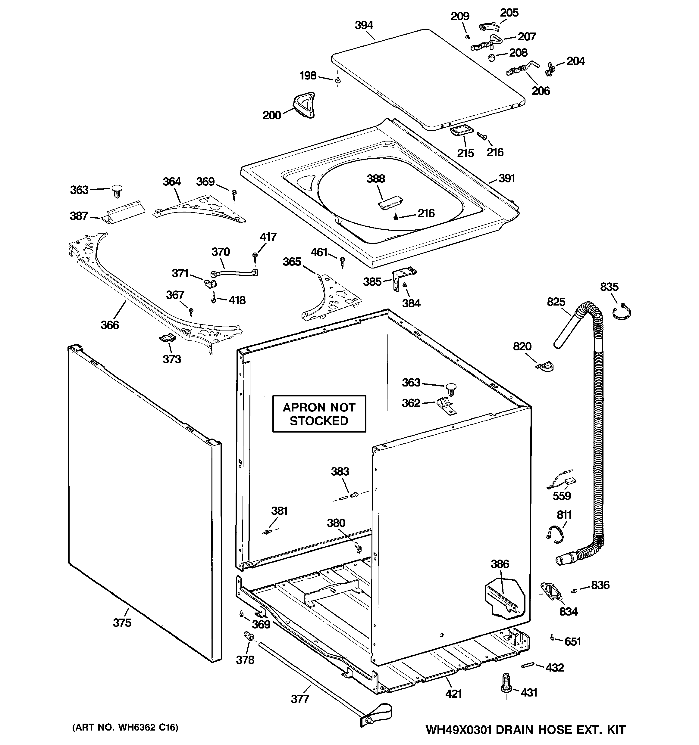 GE WDRR2500K3WW cabinet, cover & front panel diagram
