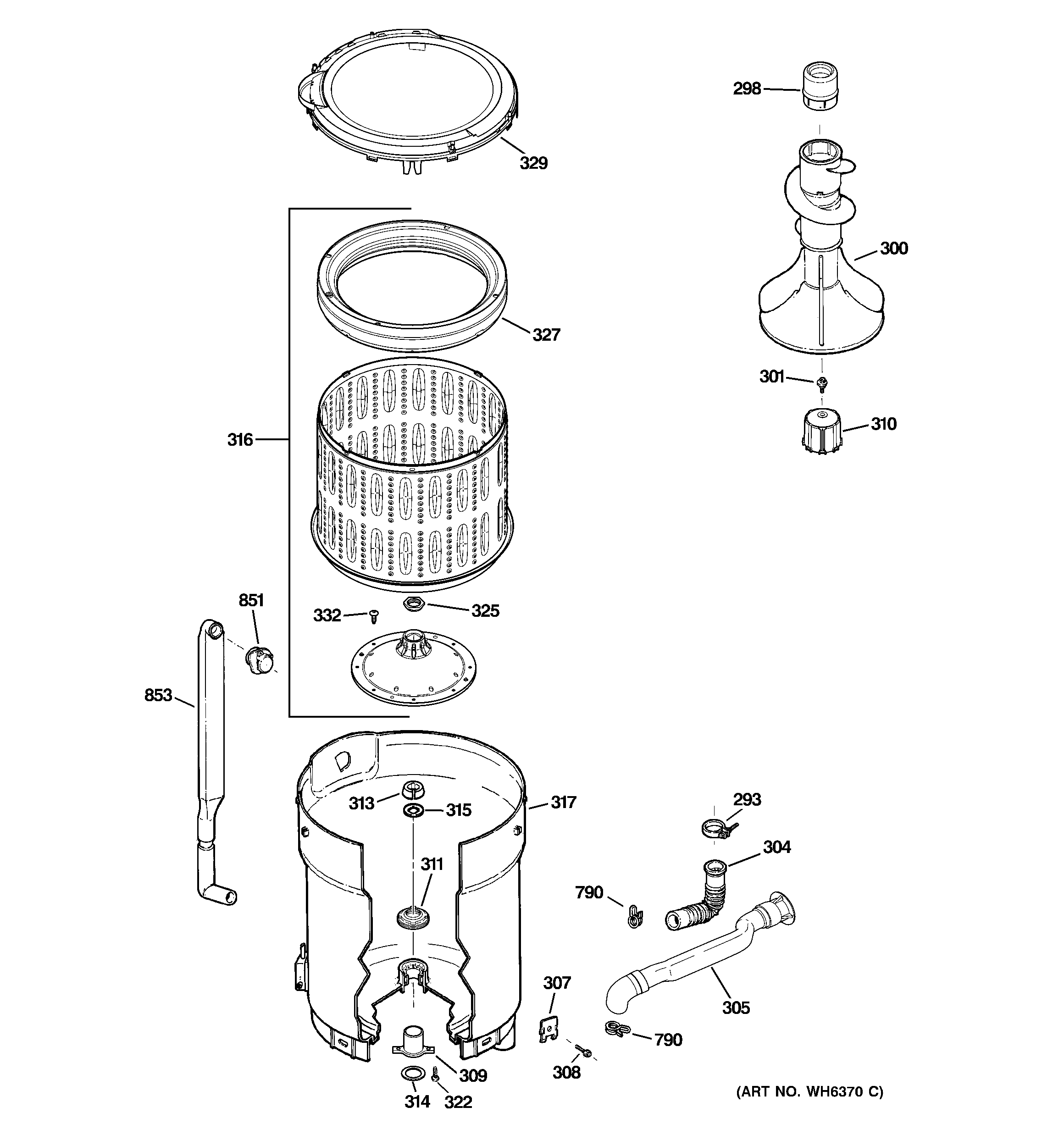 GE WJRE5550H2WW tub, basket & agitator diagram