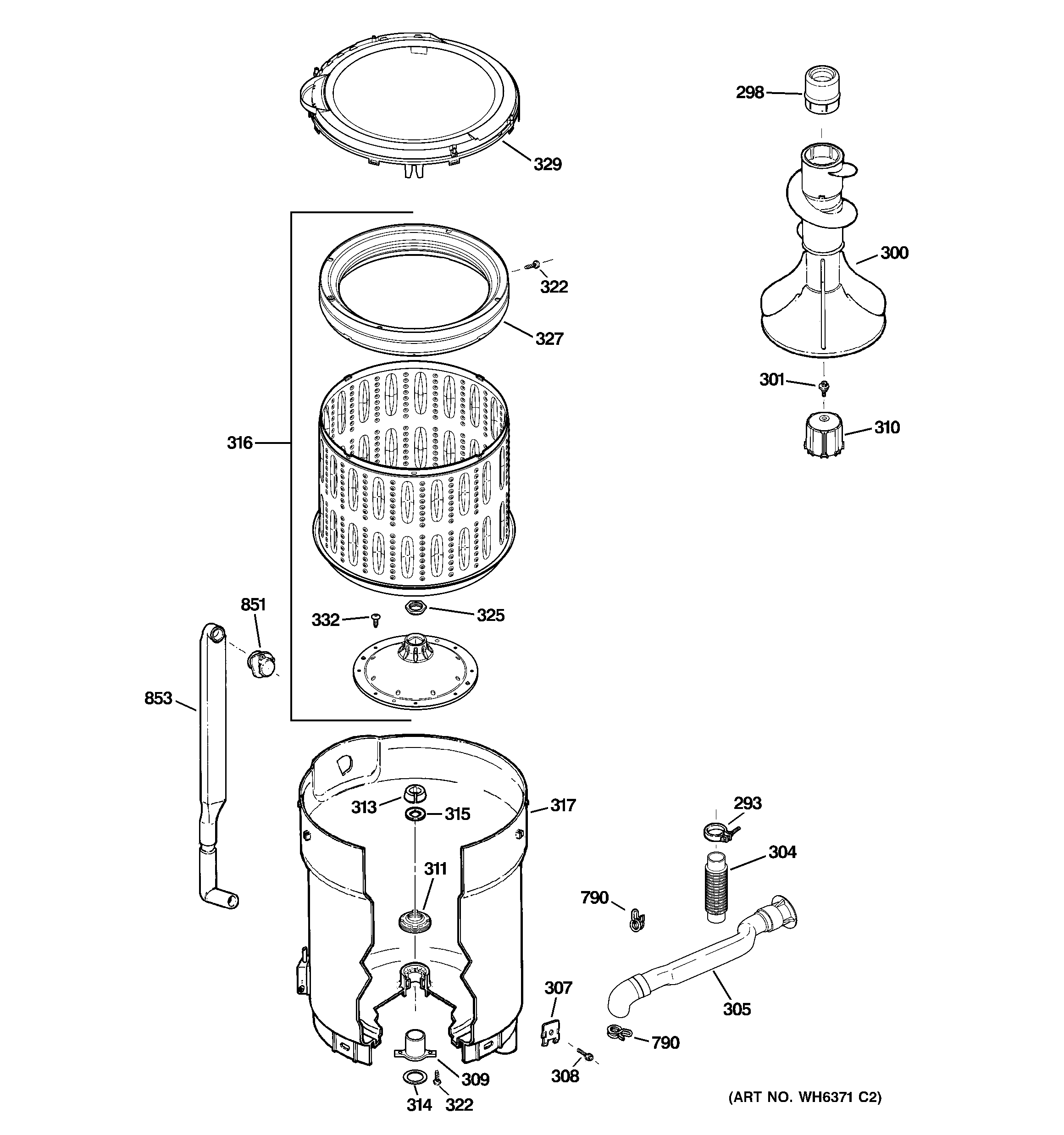 GE WPRE8150H2WT tub, basket & agitator diagram