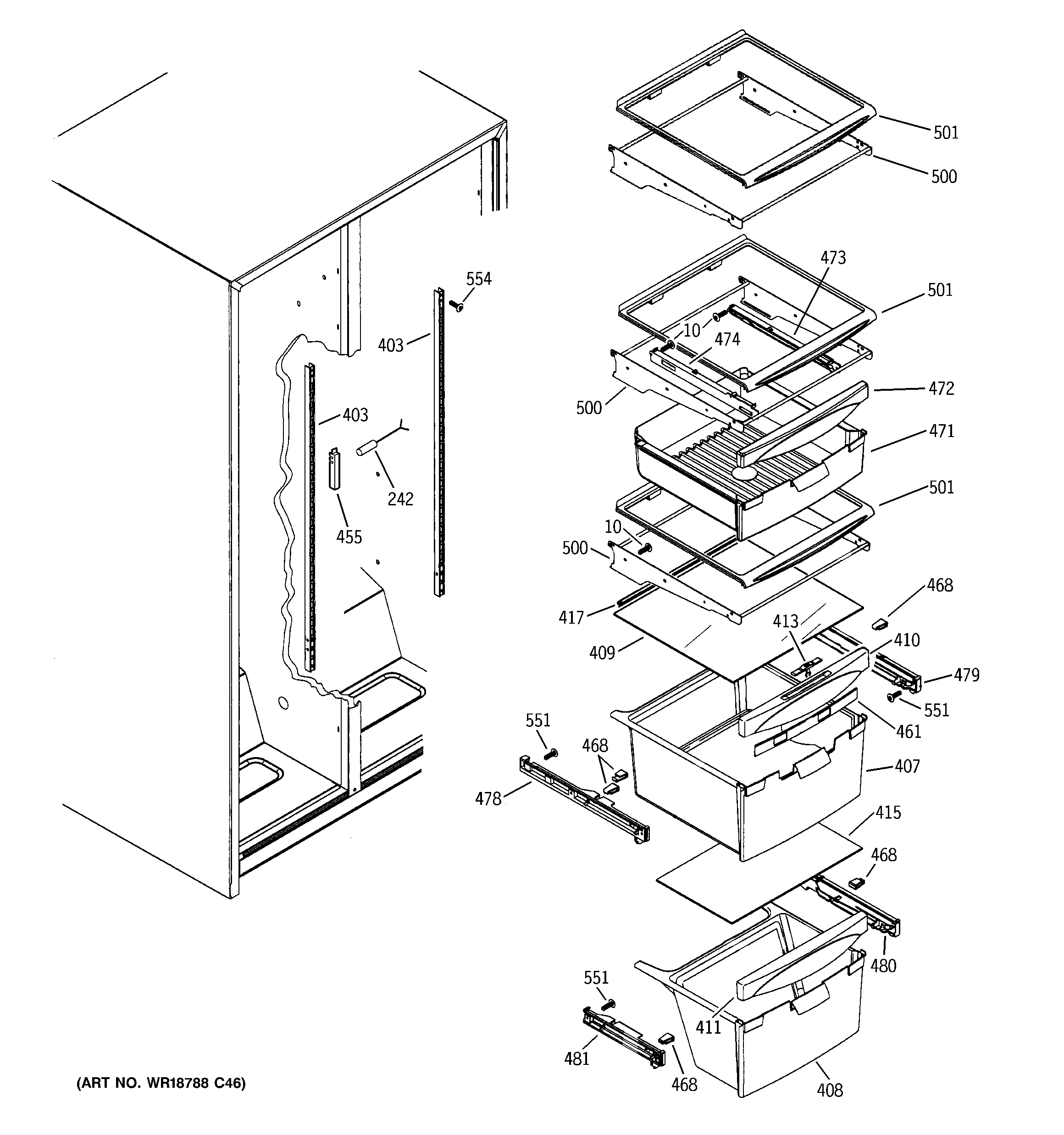 GE GSF25IGXJWW fresh food shelves diagram