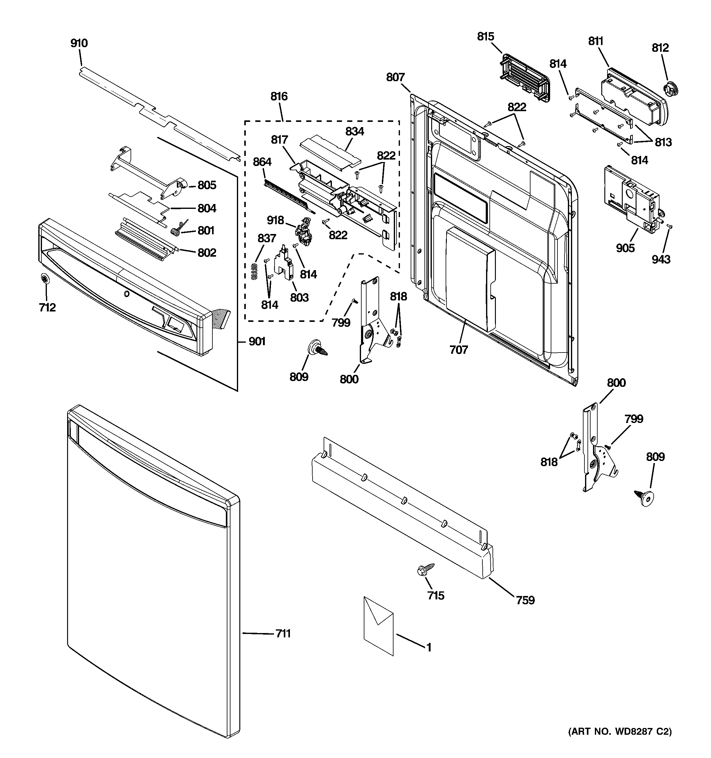 GE EDWF800P00BB escutcheon & door assembly diagram