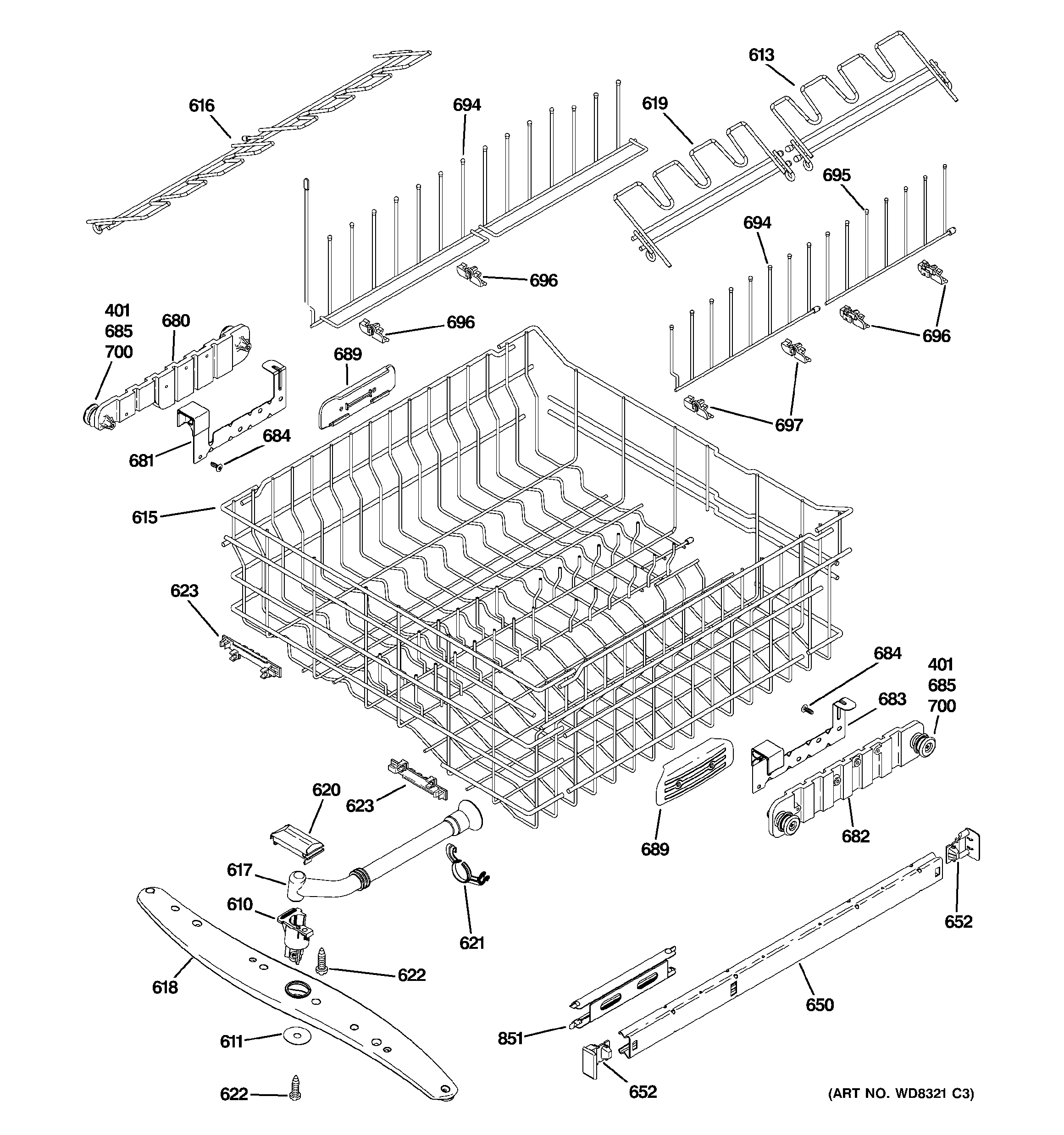 GE EDWF800P00BB upper rack assembly diagram